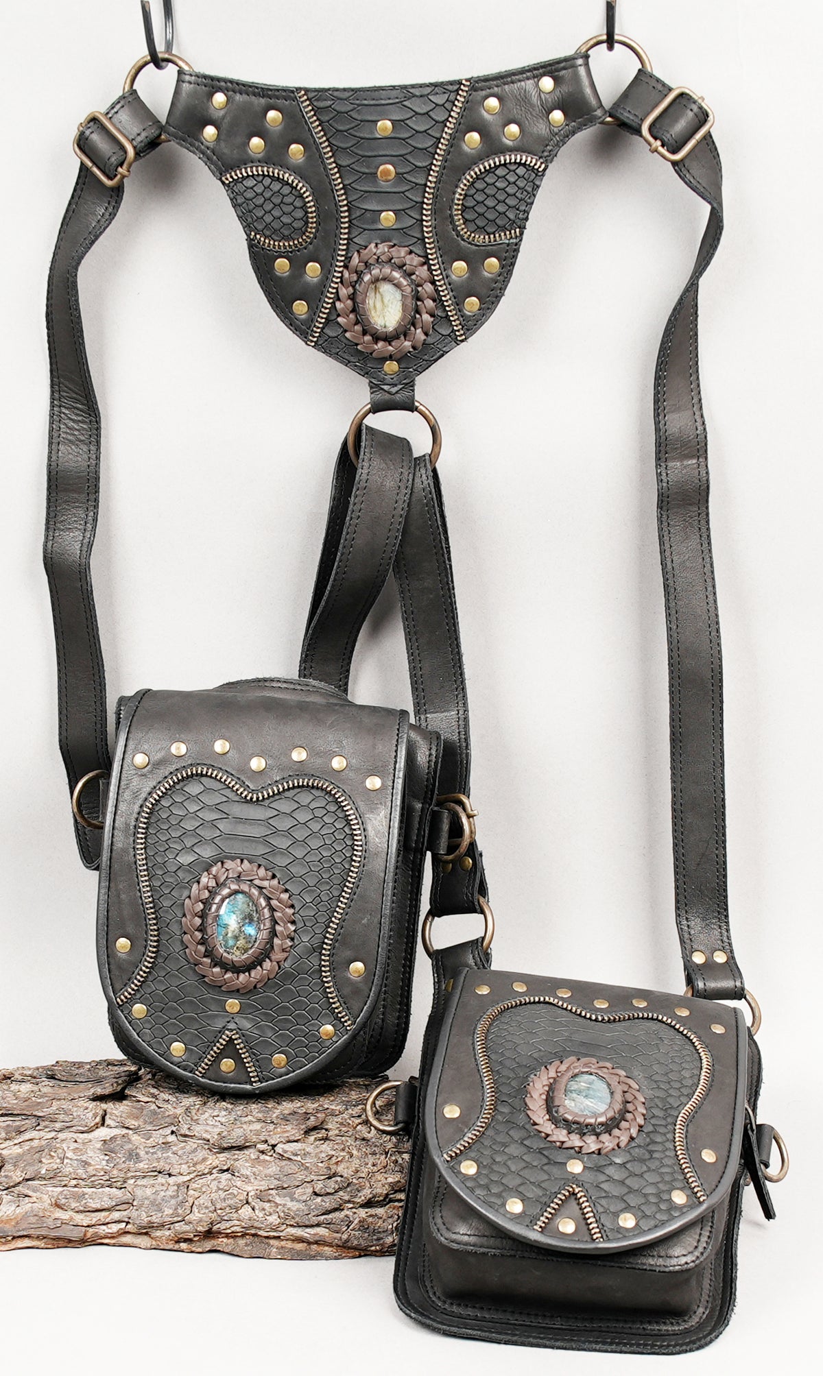 Gothic black leather double pocket harness with turquoise stones and studded detailing