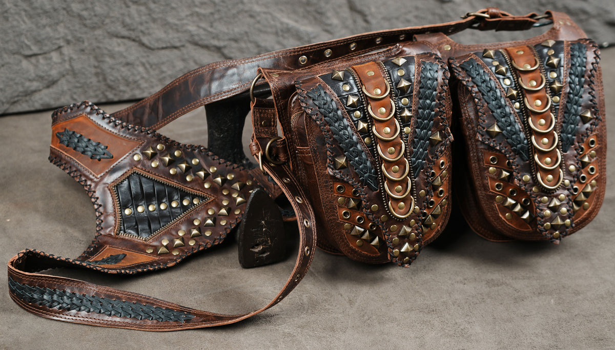 Steampunk brown leather holster bag set with brass buckles and decorative metal accents