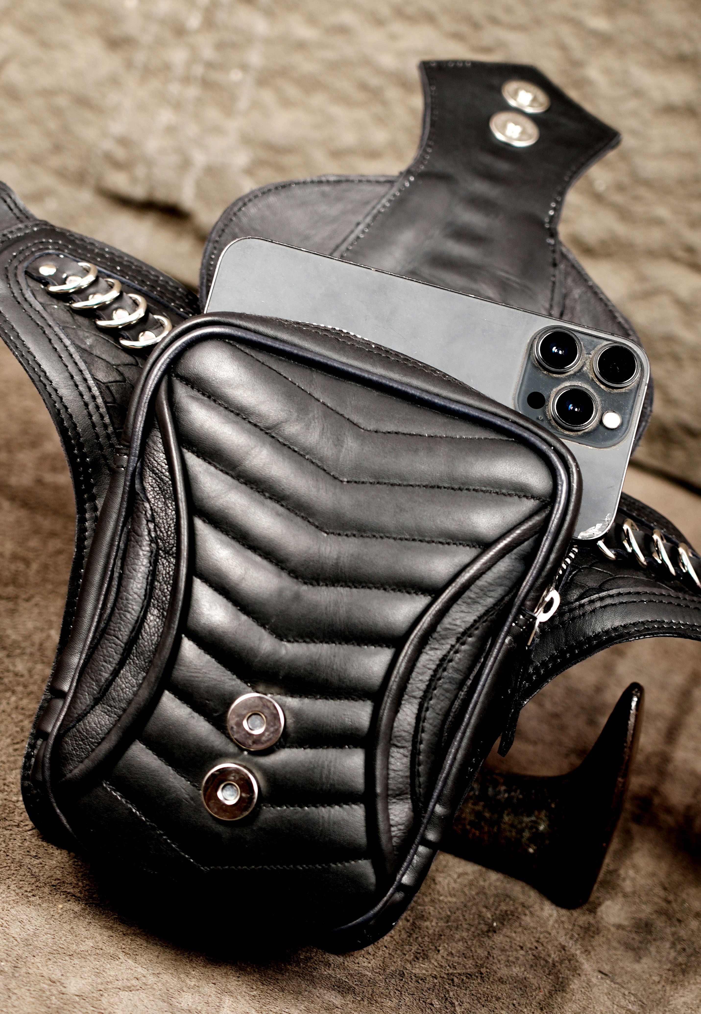 Heavy metal leather waist bag with silver ring column