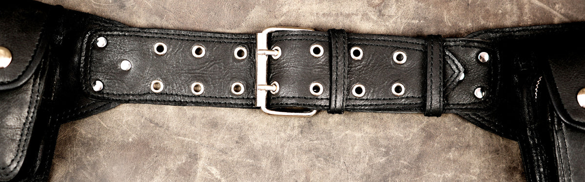 Heritage style leather belt with eyelet center panel