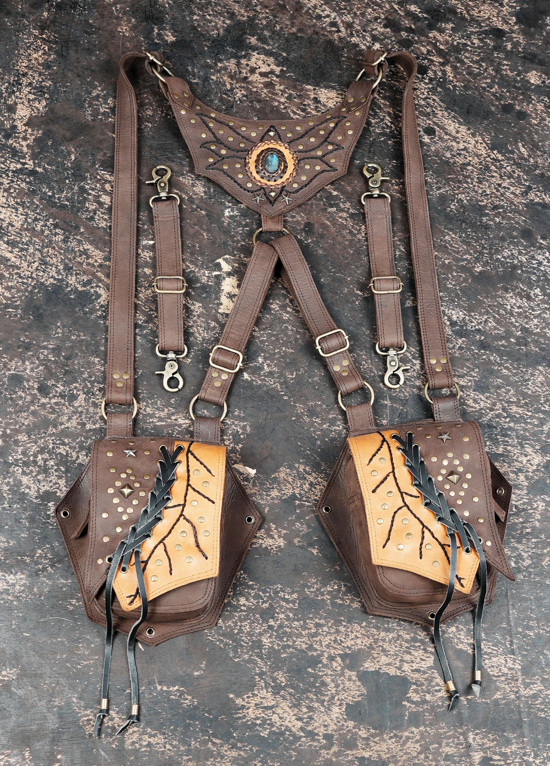 Handmade leather shoulder holster with dual pouches || Tribal leather chest rig with stud work || Travel leather utility shoulder rig (LT/AB/HLS/6060)