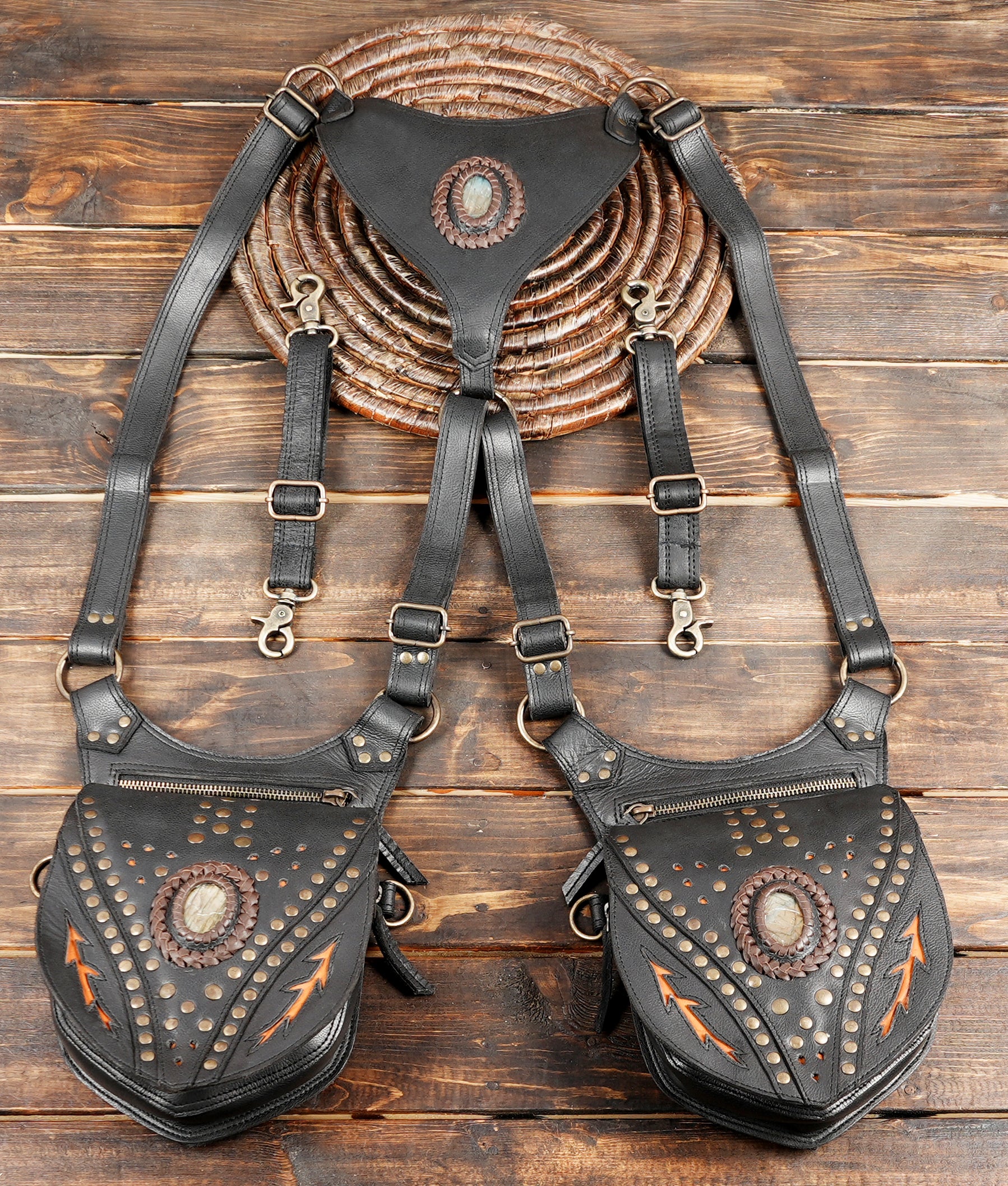 Leather holster harness bag with durable stitching and zippers