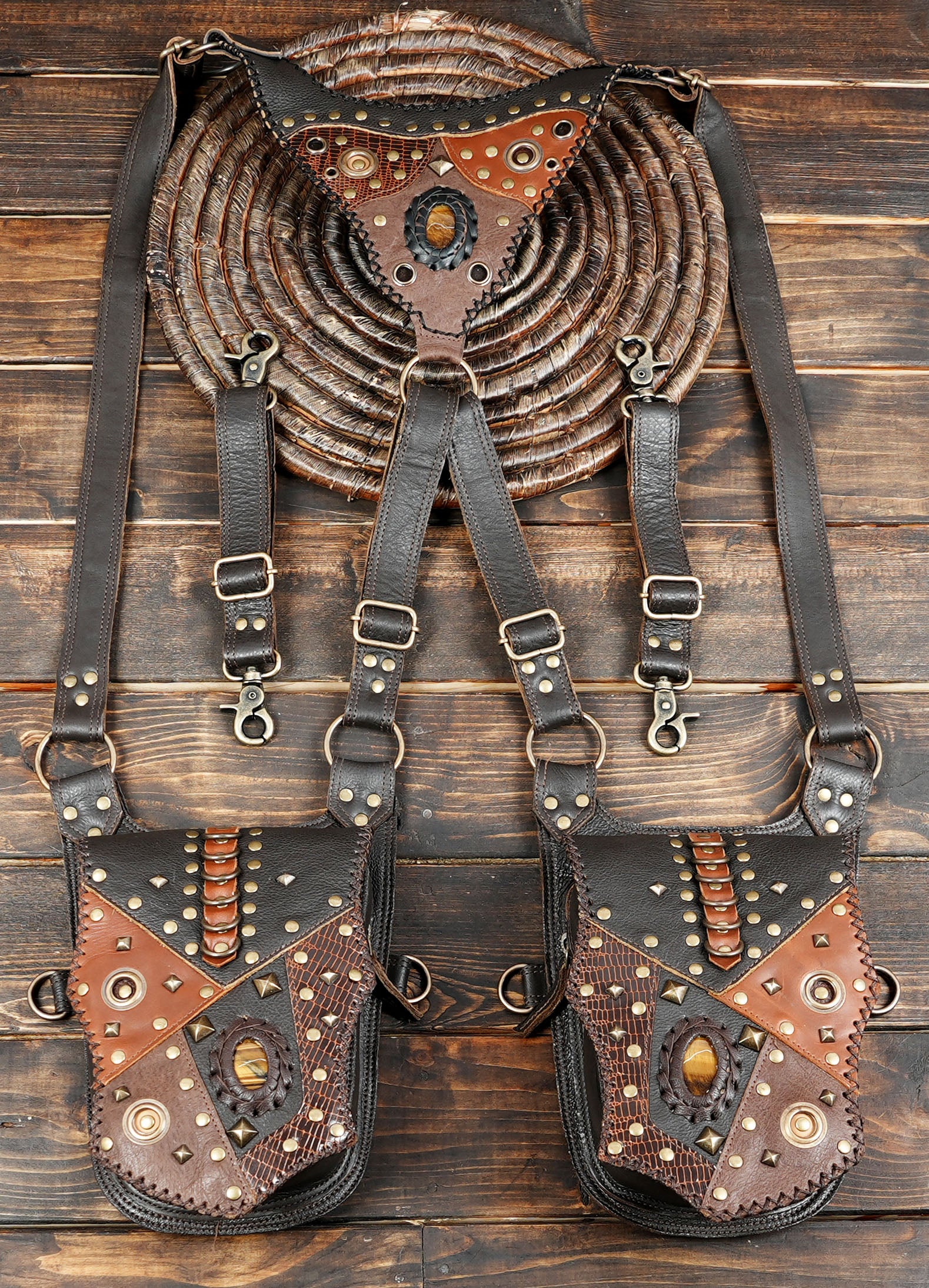 Designer leather holster pouch set with handcrafted patchwork finish