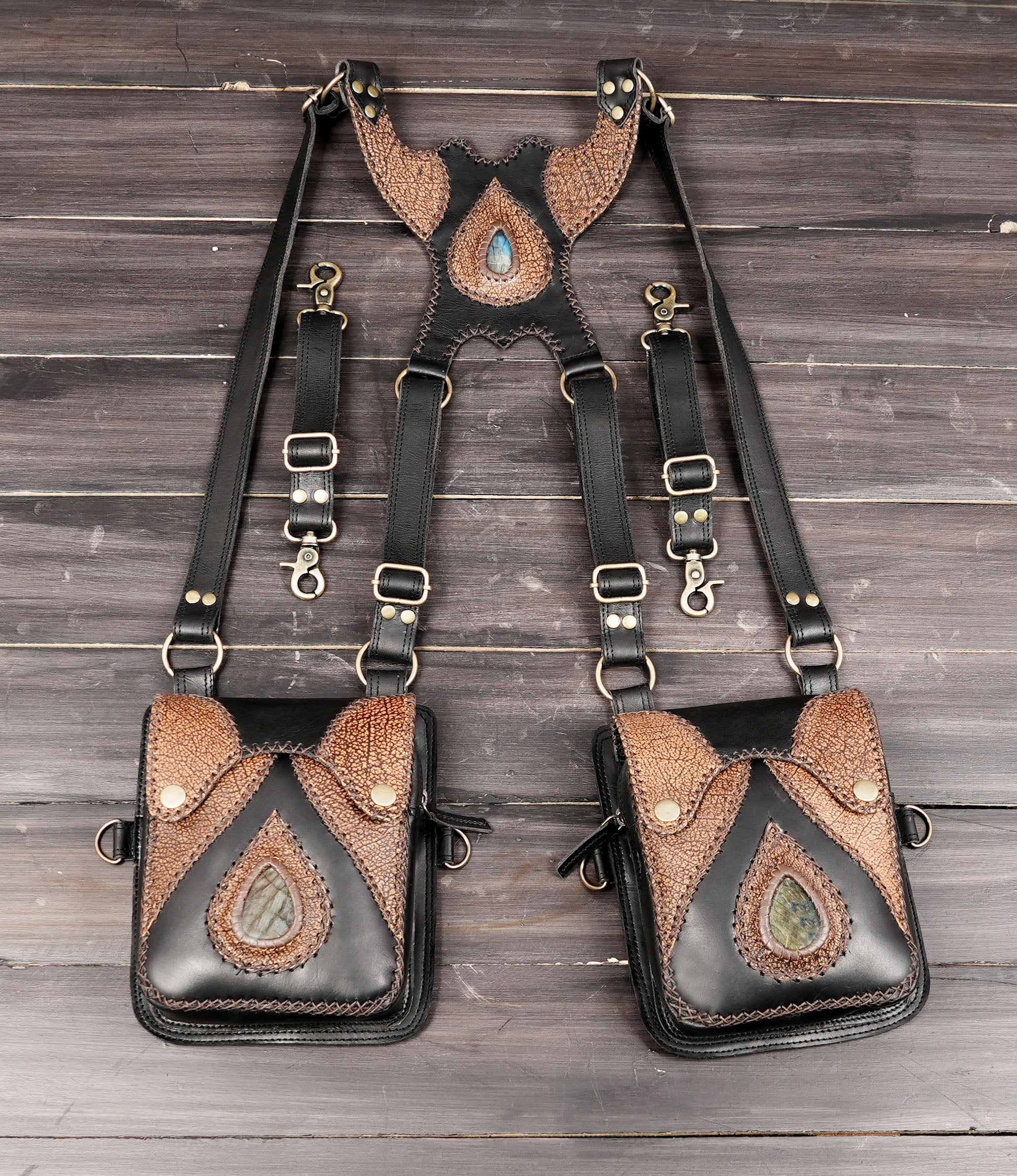 Handmade black and brown leather shoulder holster with gemstone front pouch