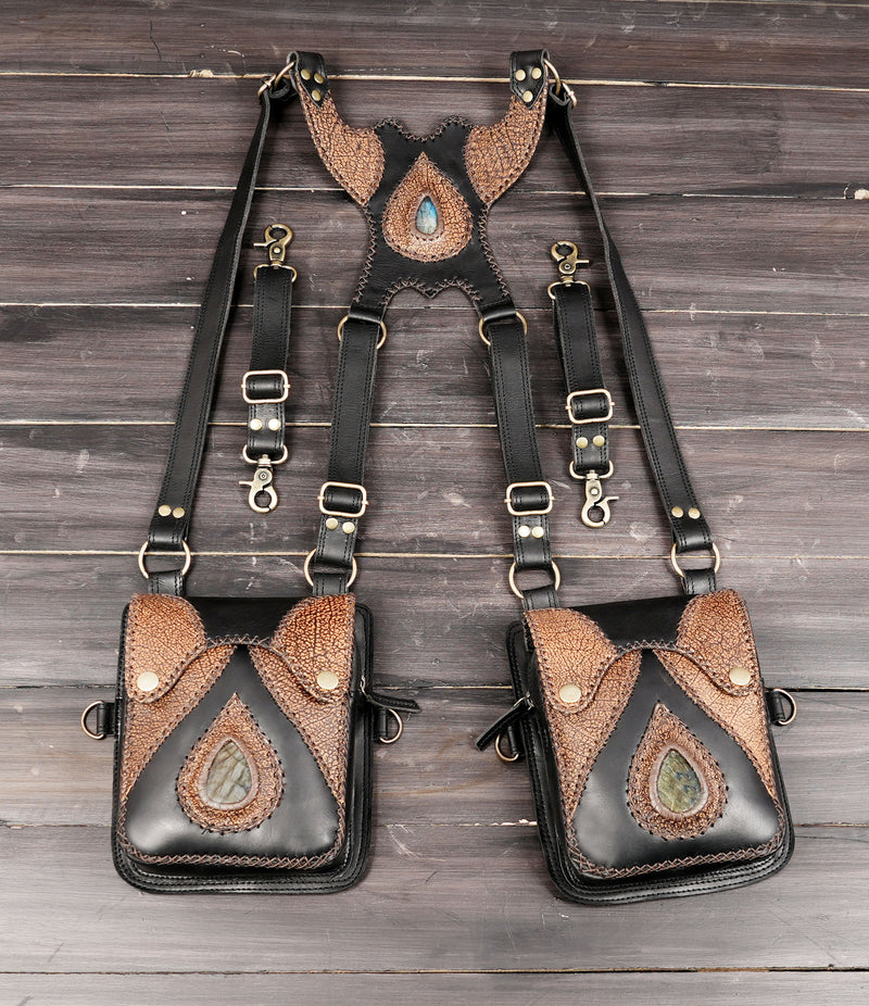 Handmade black and brown leather shoulder holster with gemstone front pouch