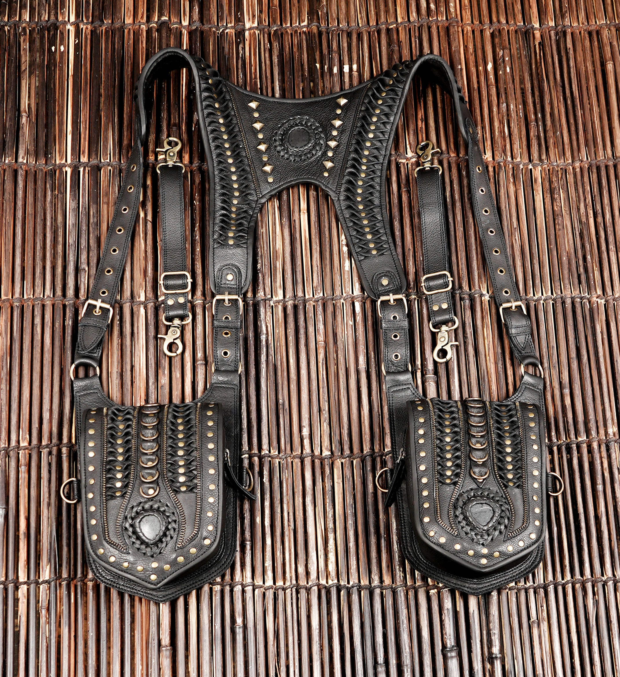 Handmade Black Leather Shoulder Holster Harness with Dual Utility Pouches | Adjustable Chest Rig | Gothic Steampunk Leather Holster (LT/AB/HLS/6053)