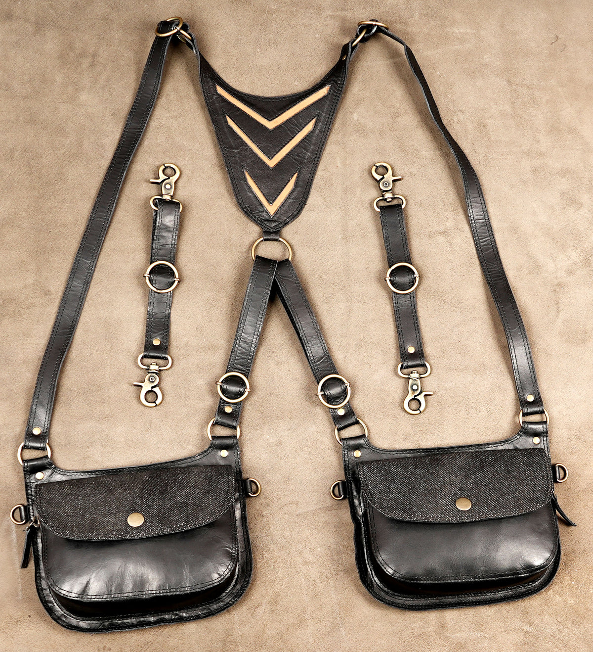 Black Leather Festival Harness Bag with Two Matching Crossbody Pouches