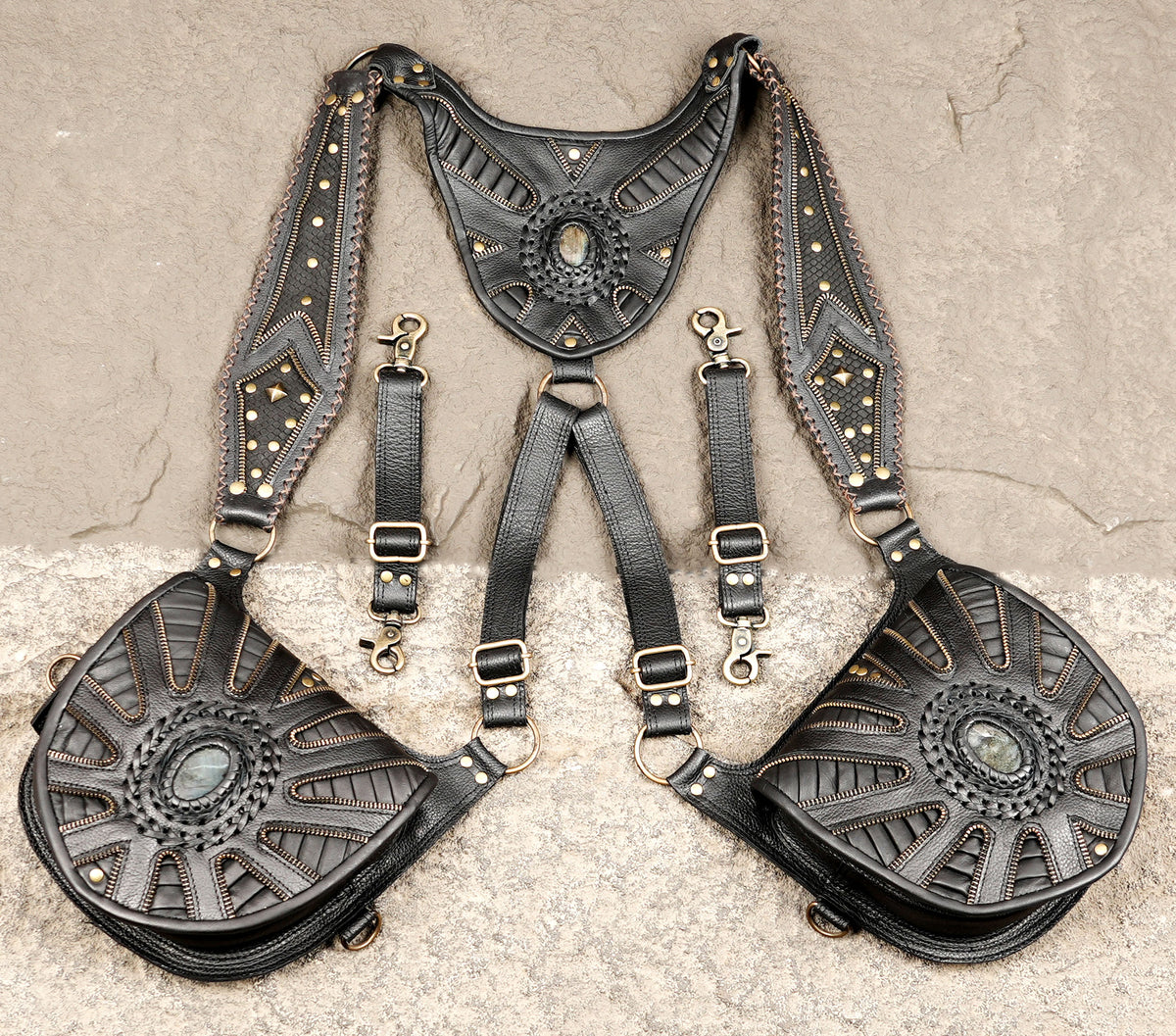 Handmade black leather utility bag set for Burning Man and boho festival wear