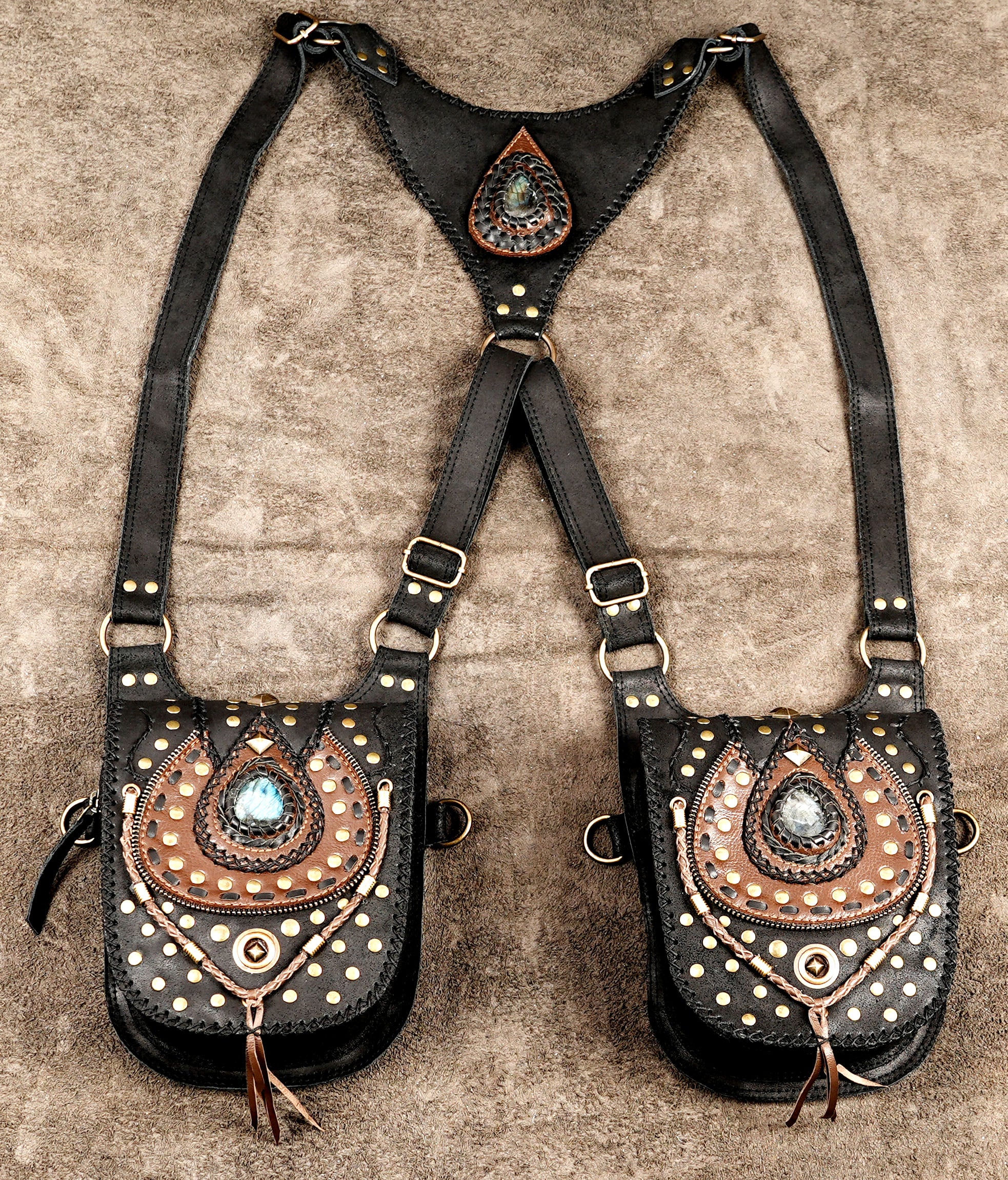 Black Leather Shoulder Holster with Gemstone Pouches