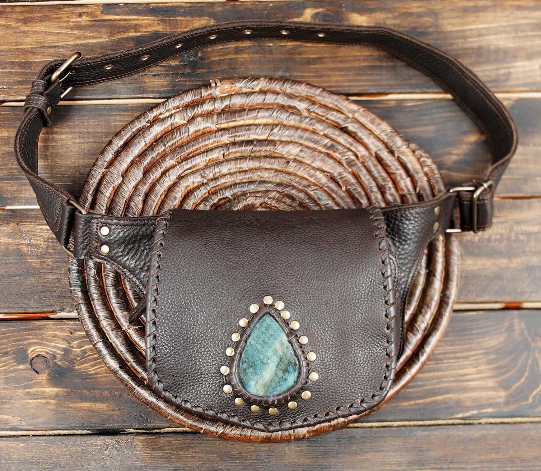 Black Leather Waist Belt with Blue Gemstone Pouch
