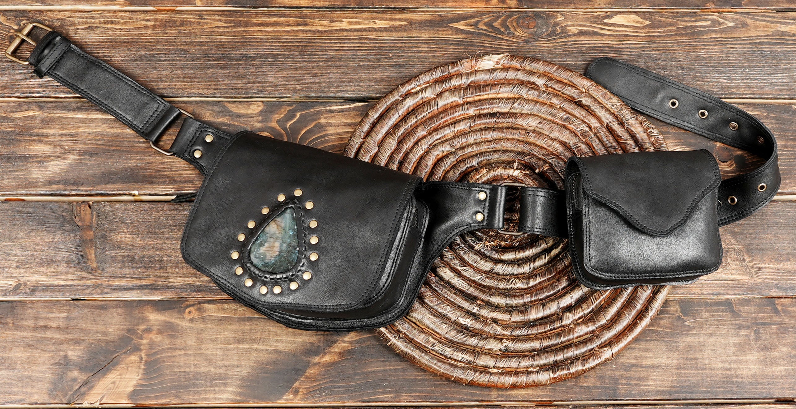 Handmade Leather Utility Belt Bag with Labradorite Stone – Adjustable Pocket Belt with Double Pouches, Festival Hip Bag
