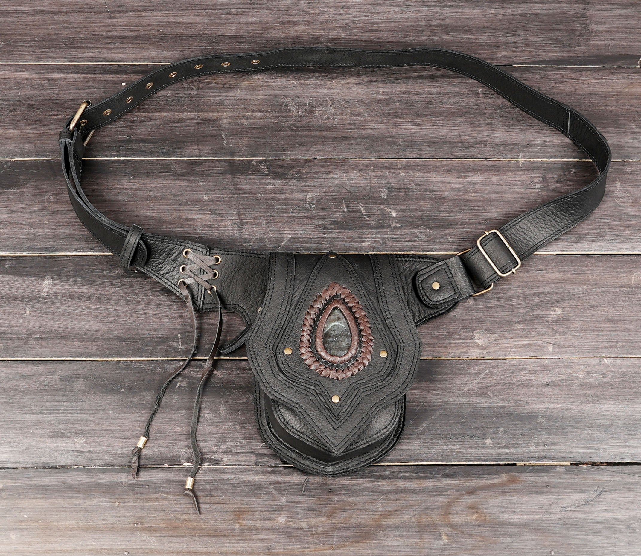 Handmade black leather waist belt pouch