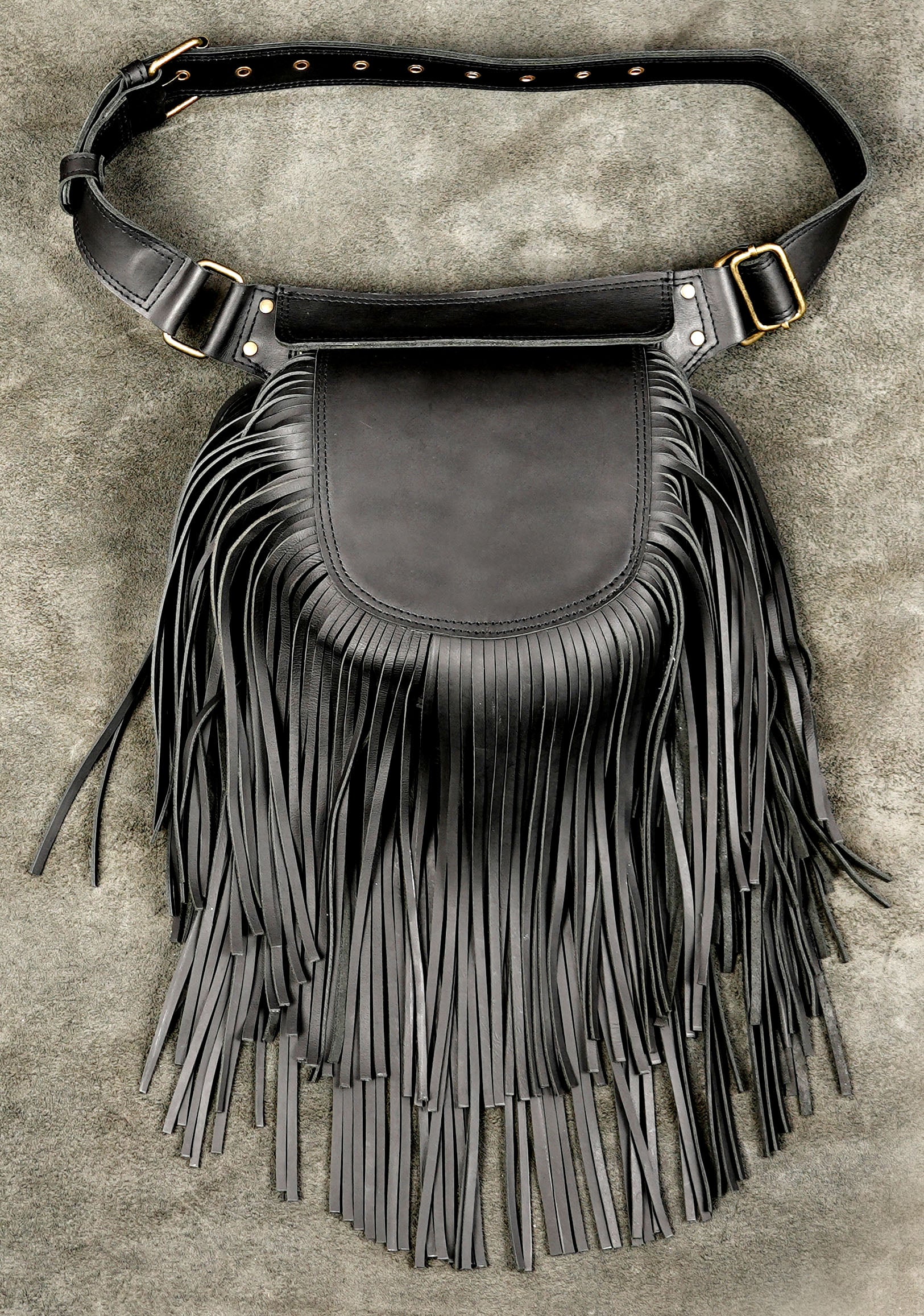 Handmade leather fringe belt pouch