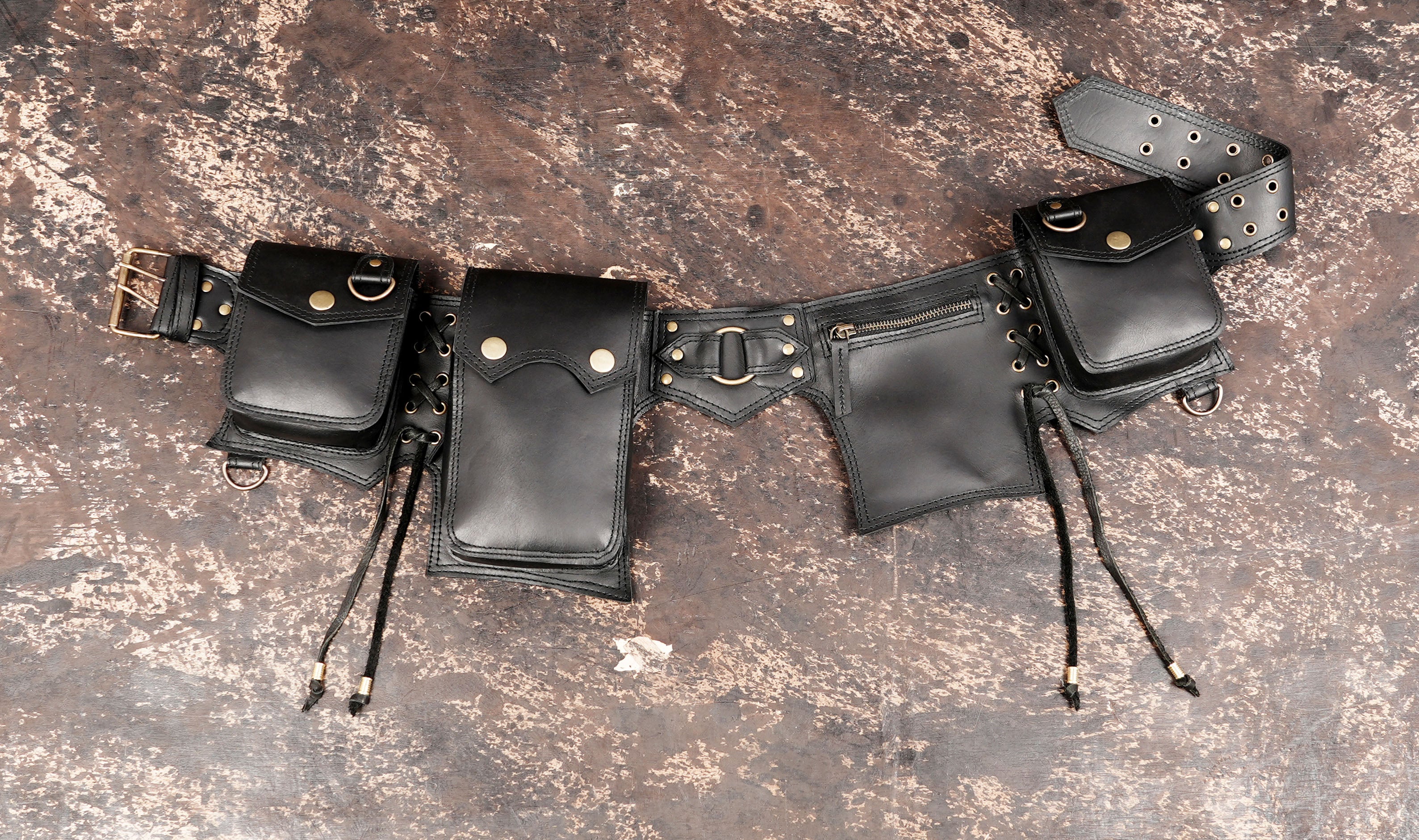 Handmade black leather utility waist belt