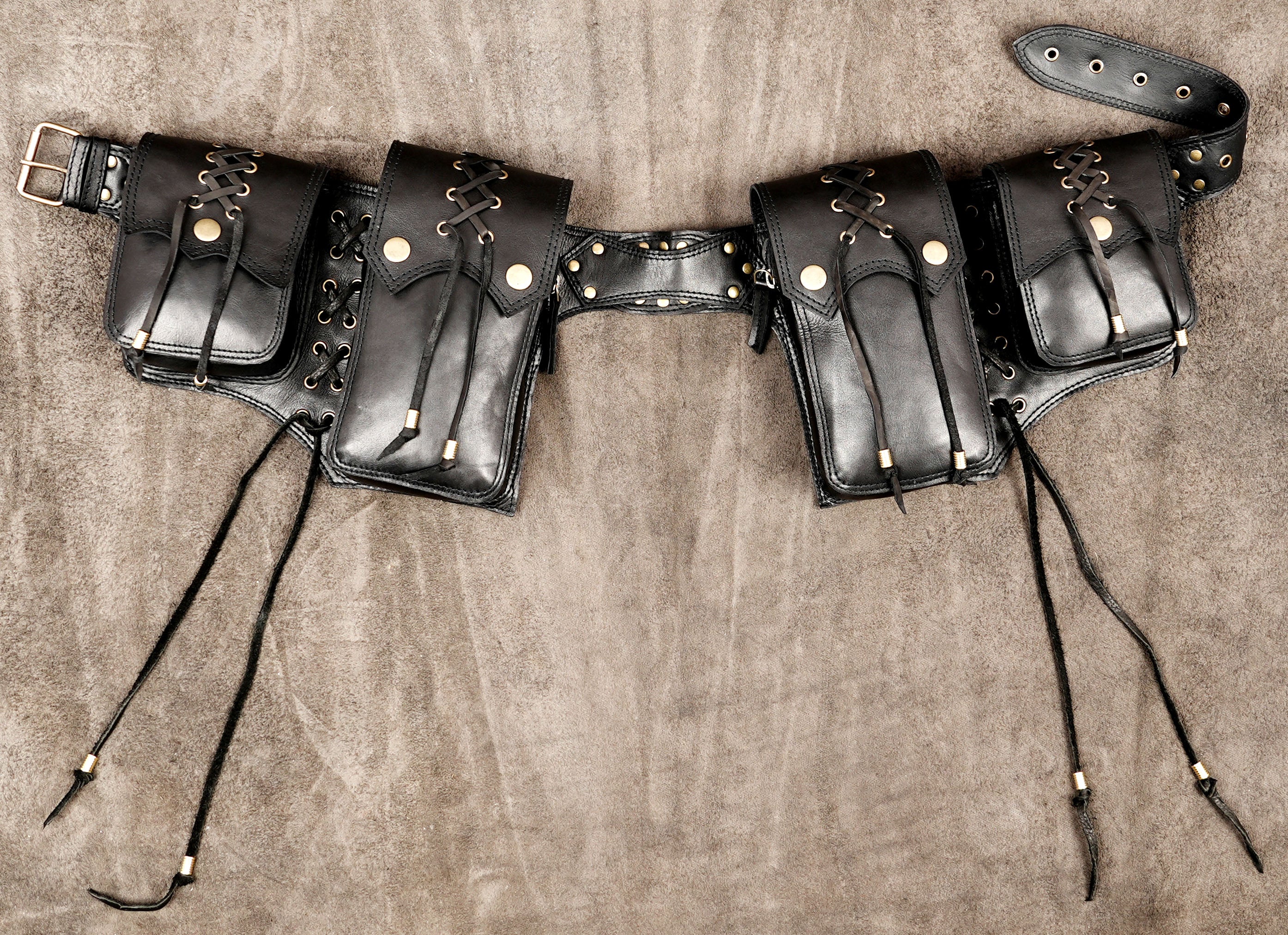 Handmade leather waist belt with antique brass hardware
