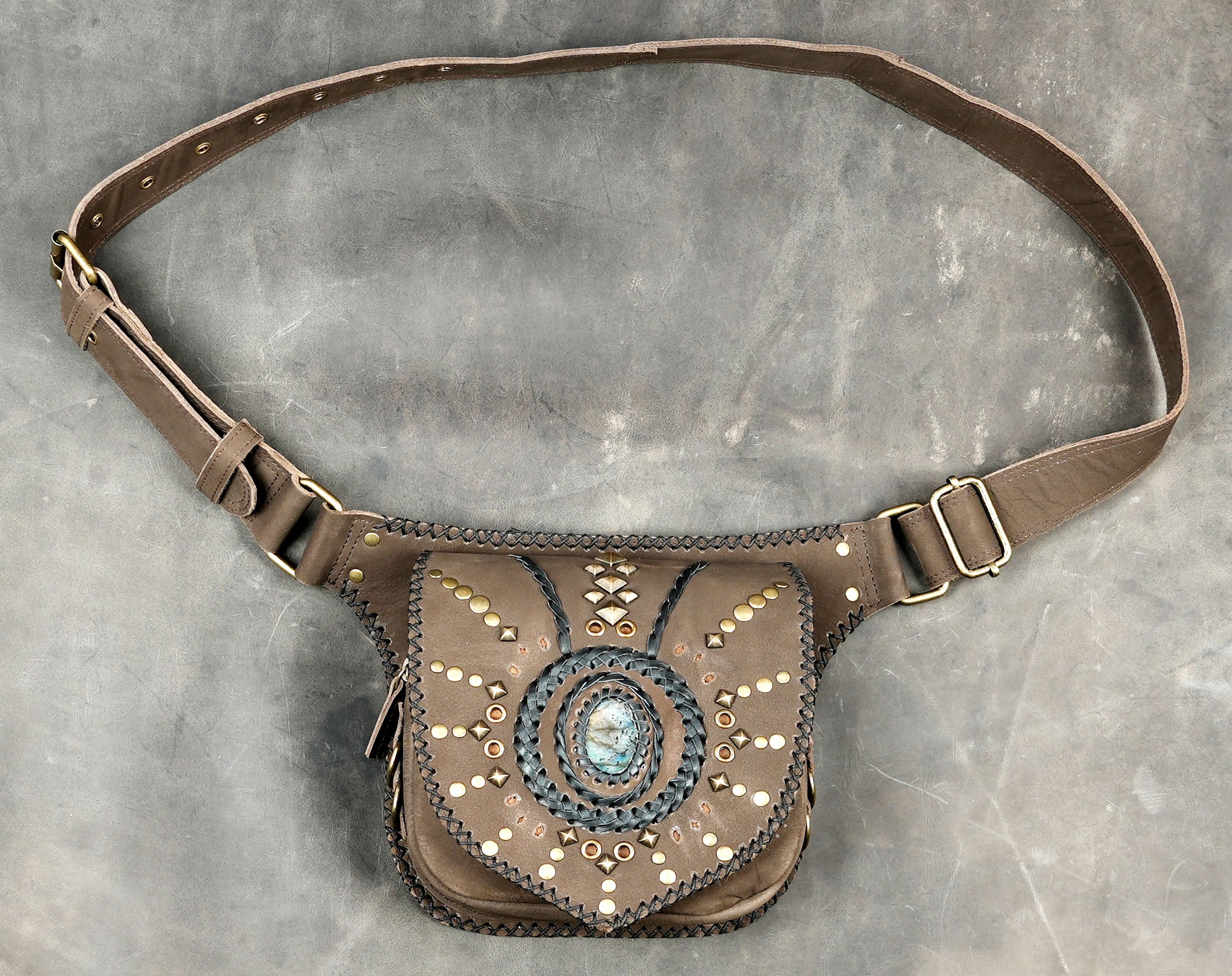 Boho tribal waist belt bag with genuine labradorite gemstone