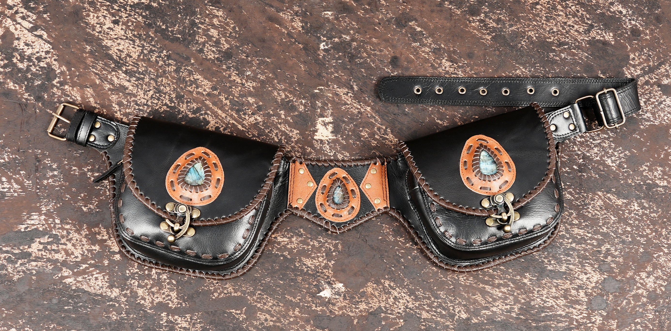 Handmade leather waist belt with dual pockets and turn-lock clasps