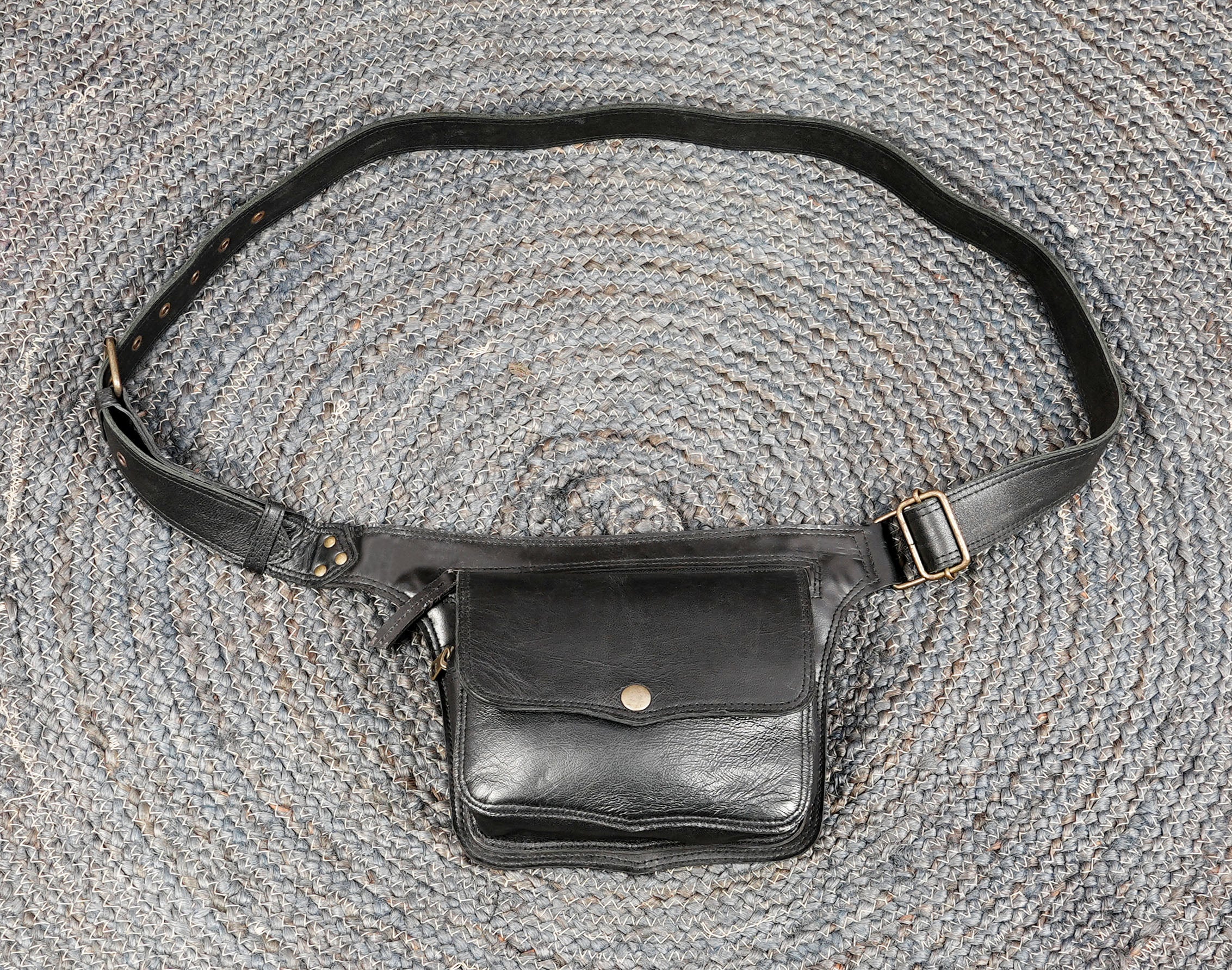 Black genuine leather waist belt with front pouch and adjustable buckle