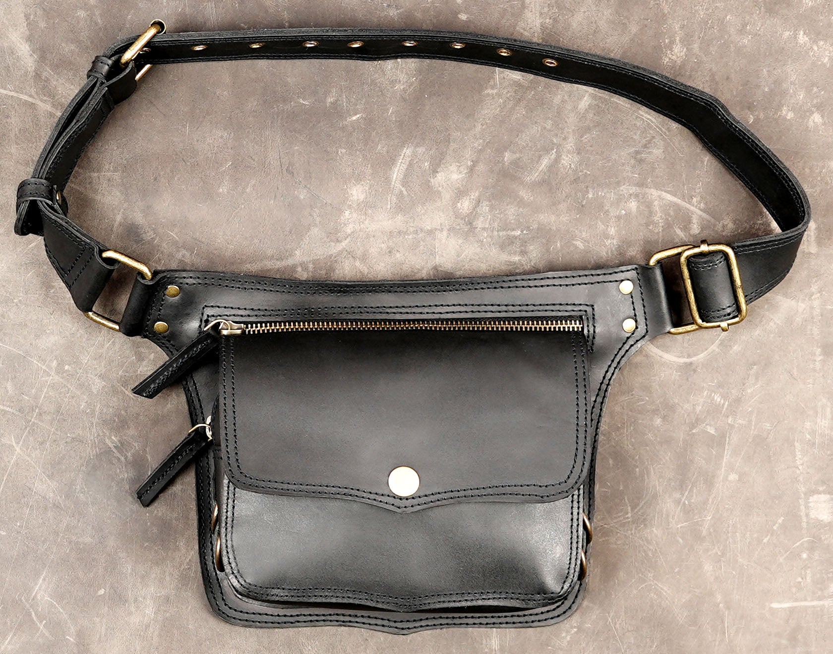Handmade black leather belt bag