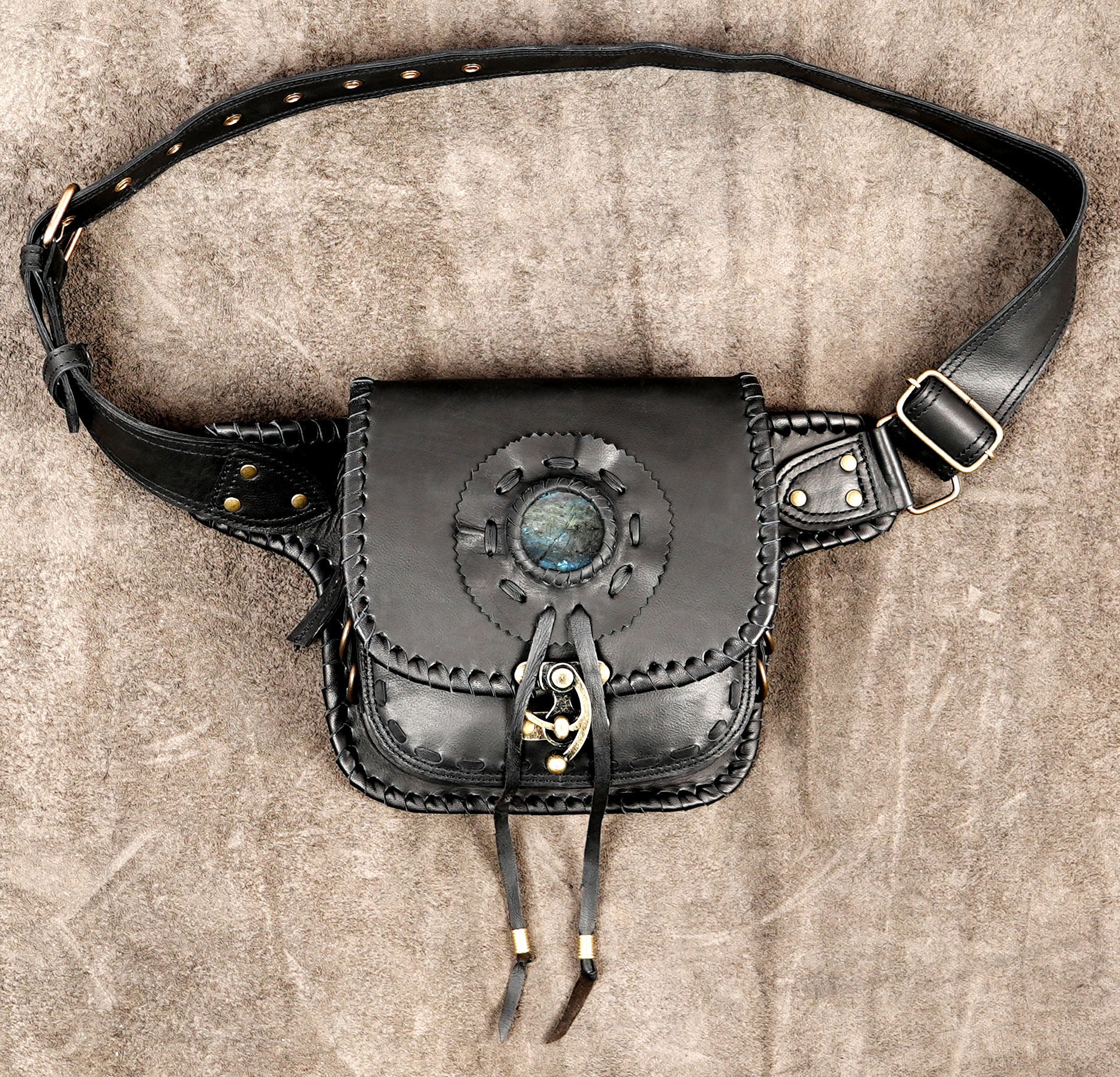 Handmade black leather belt bag