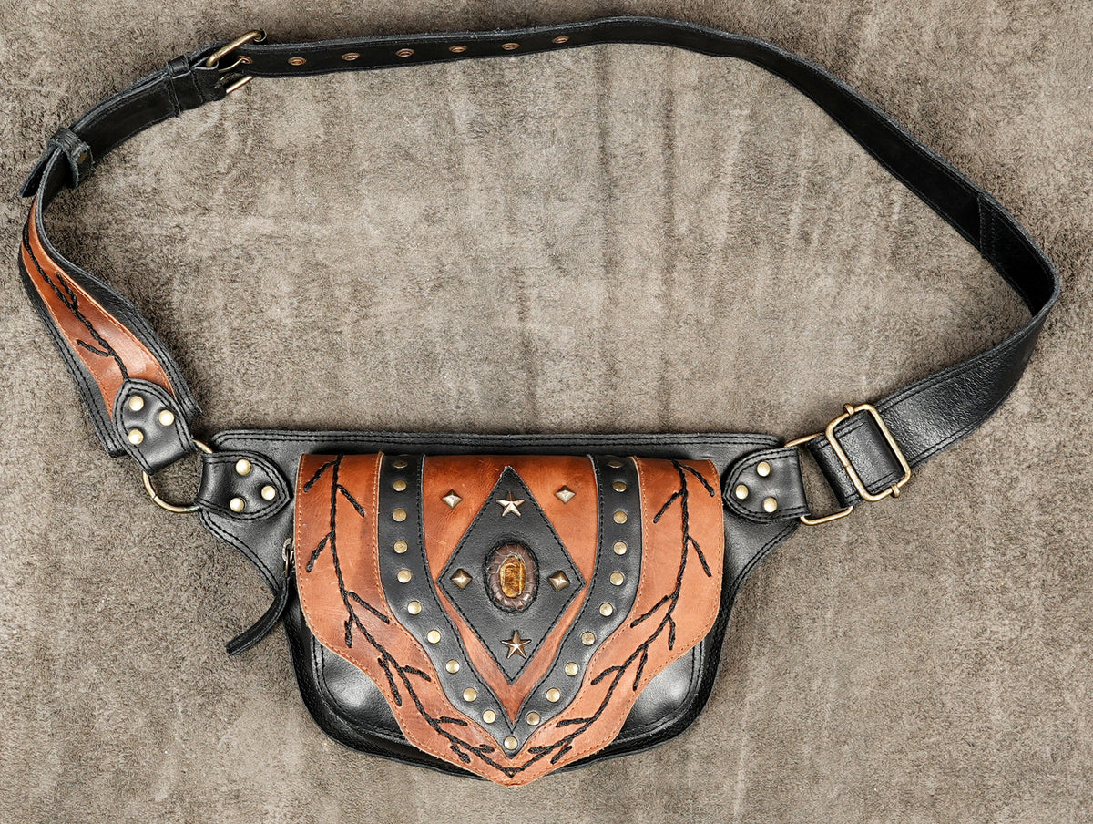 Studded black leather hip bag with adjustable strap
