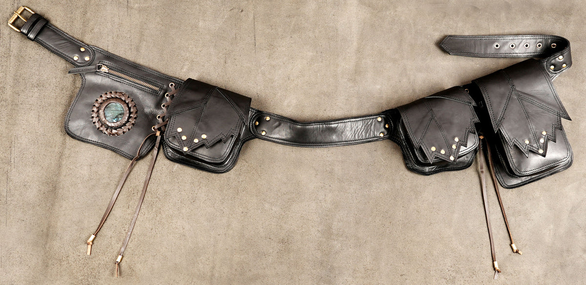 Black Leather Utility Belt with Multiple Pockets, Labradorite Stone, Antique Brass Studs, Festival Travel Hip Bag Belt