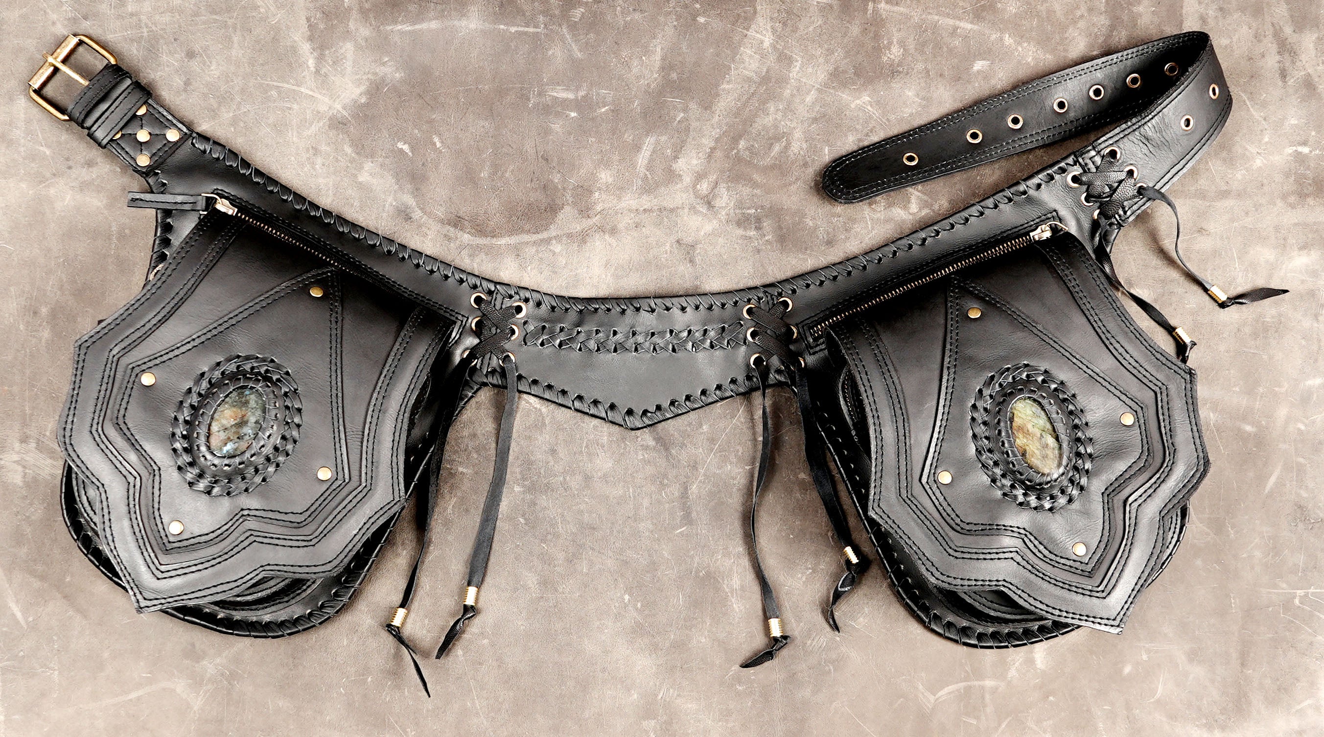 Black leather boho hip belt with stone details