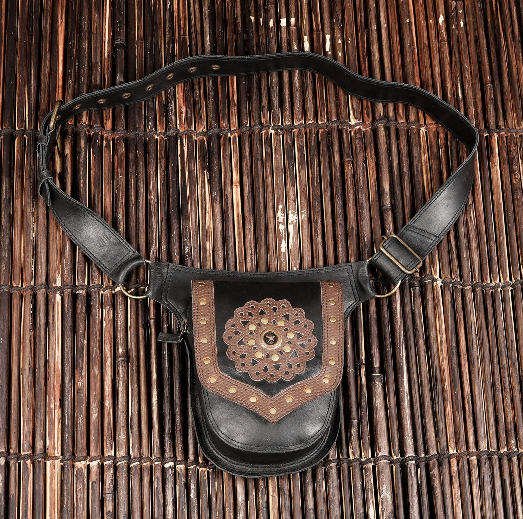 Black leather festival waist belt bag