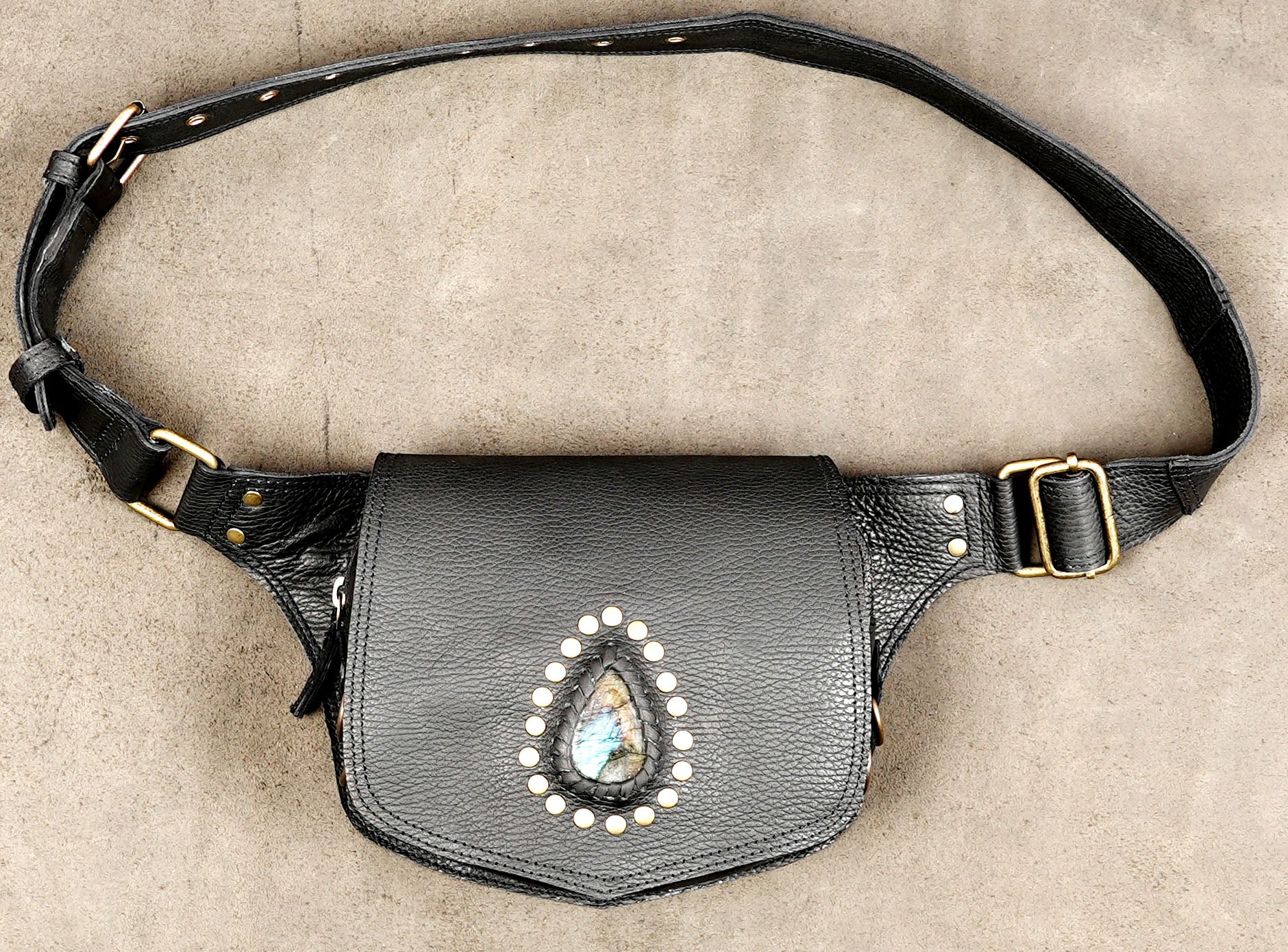 Handmade Gemstone Belt Bag with Antique Brass Details