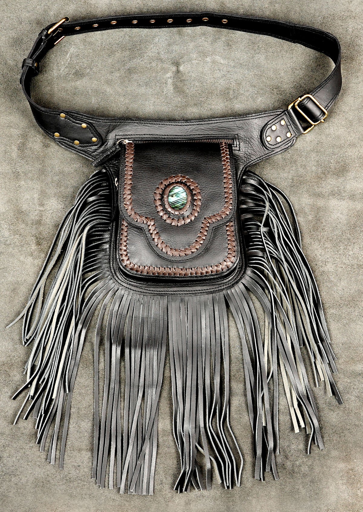 Handmade Black Leather Fringe Belt Bag Boho Festival Hip Pouch Adjustable Waist