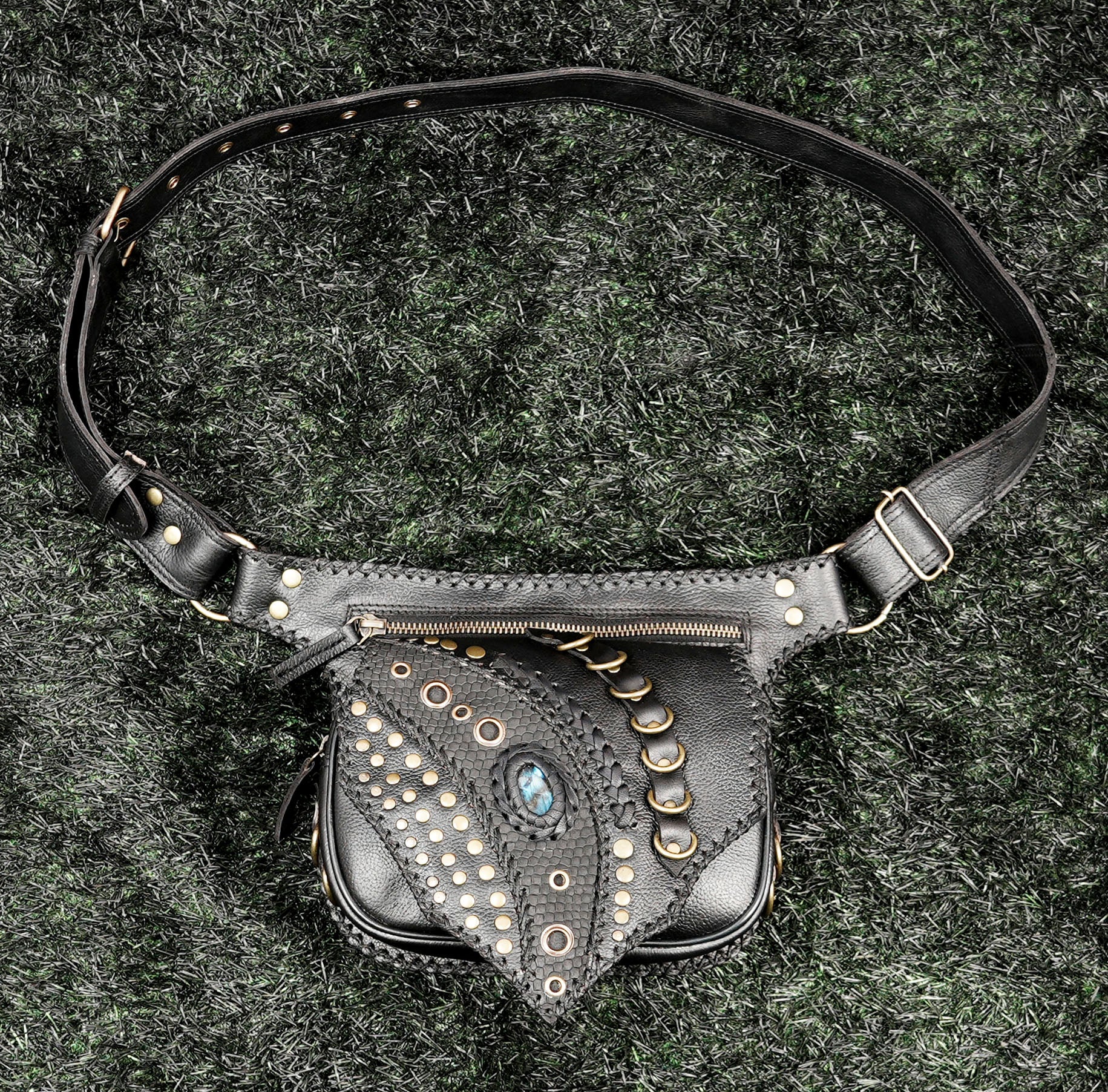 Handmade leather waist belt bag with studded flap and adjustable strap