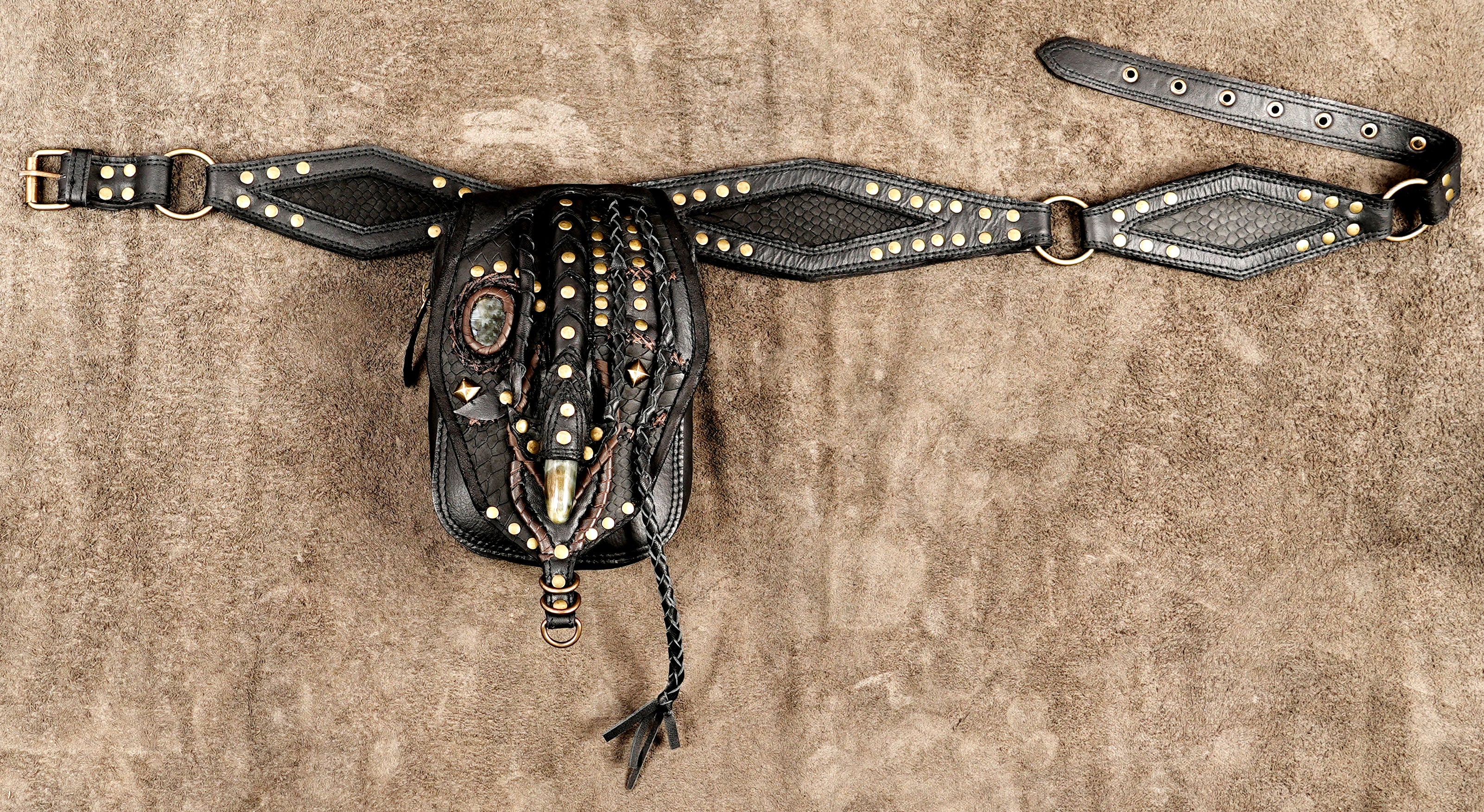Handcrafted leather festival belt bag with antique brass fittings