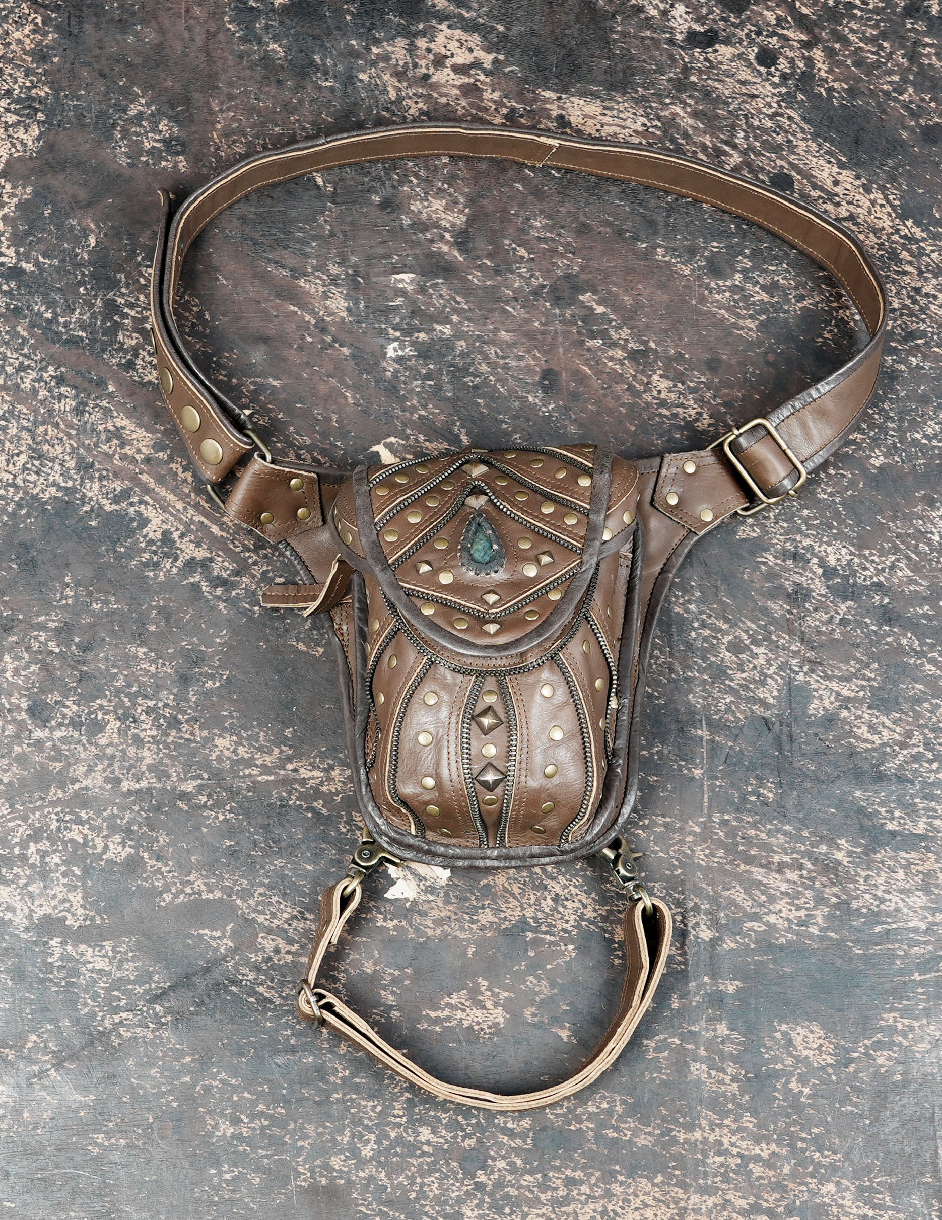 Brown leather waist thigh belt with studded pouch and leg strap