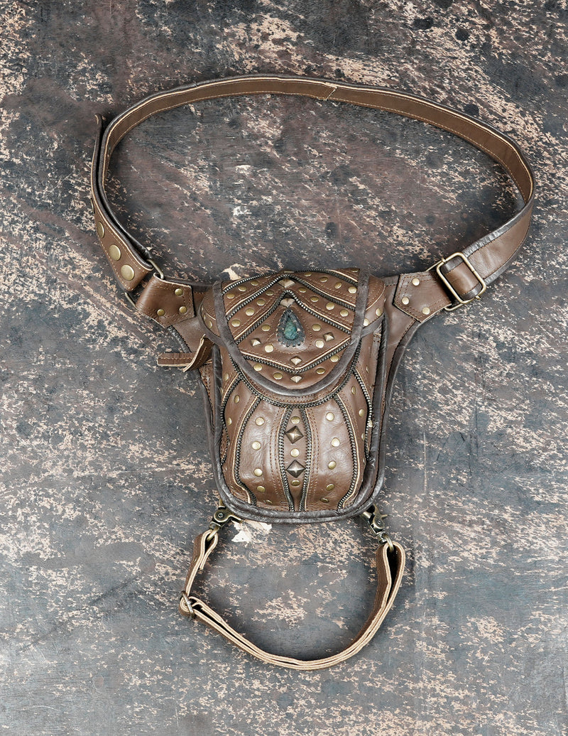 Brown leather waist thigh belt with studded pouch and leg strap