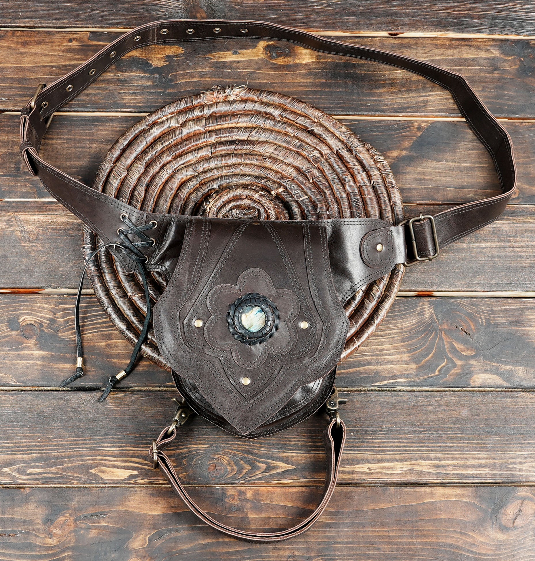 Black leather waist thigh belt with artisan panel detailing