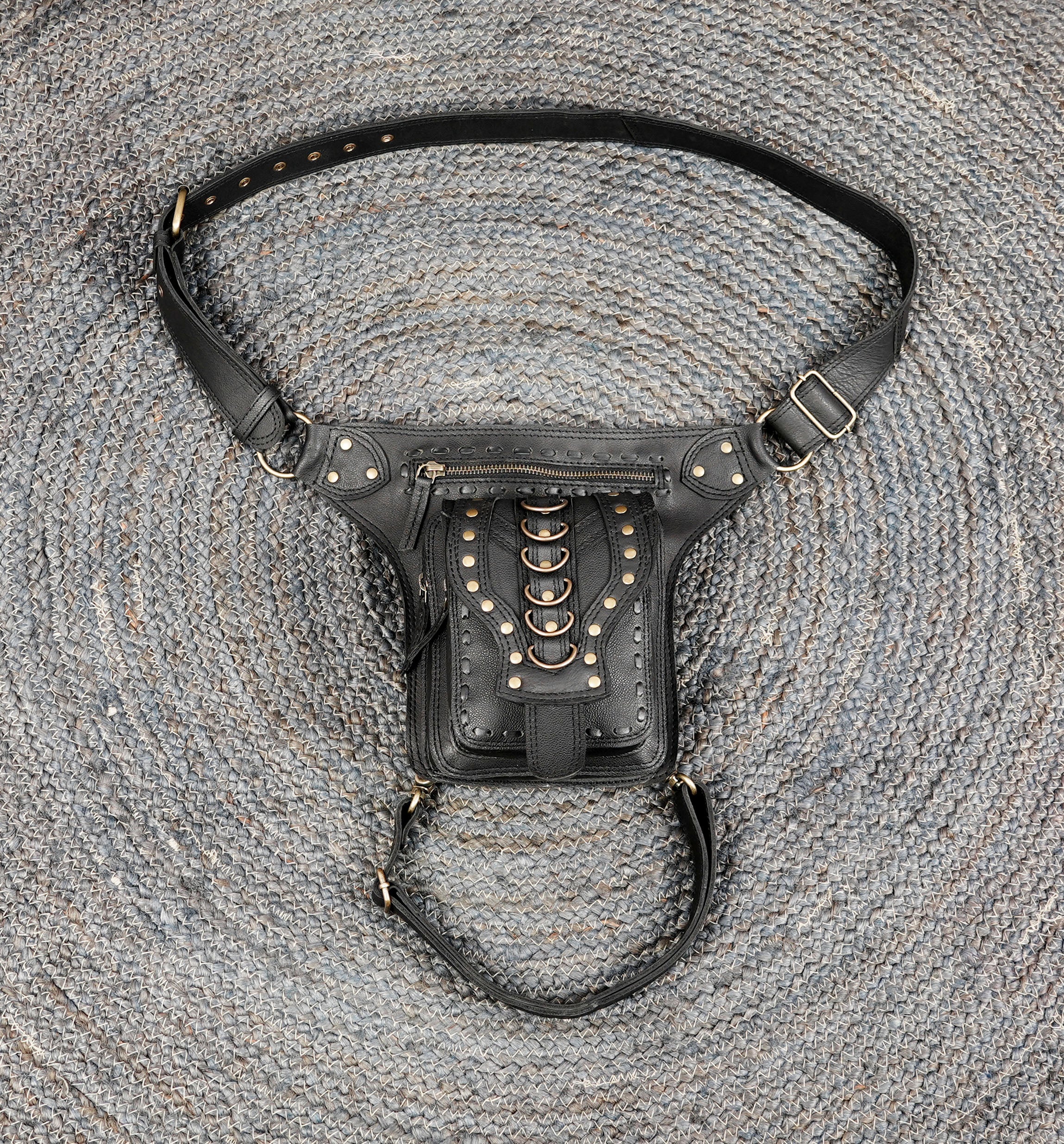 Black leather waist thigh belt with zippered utility pouch