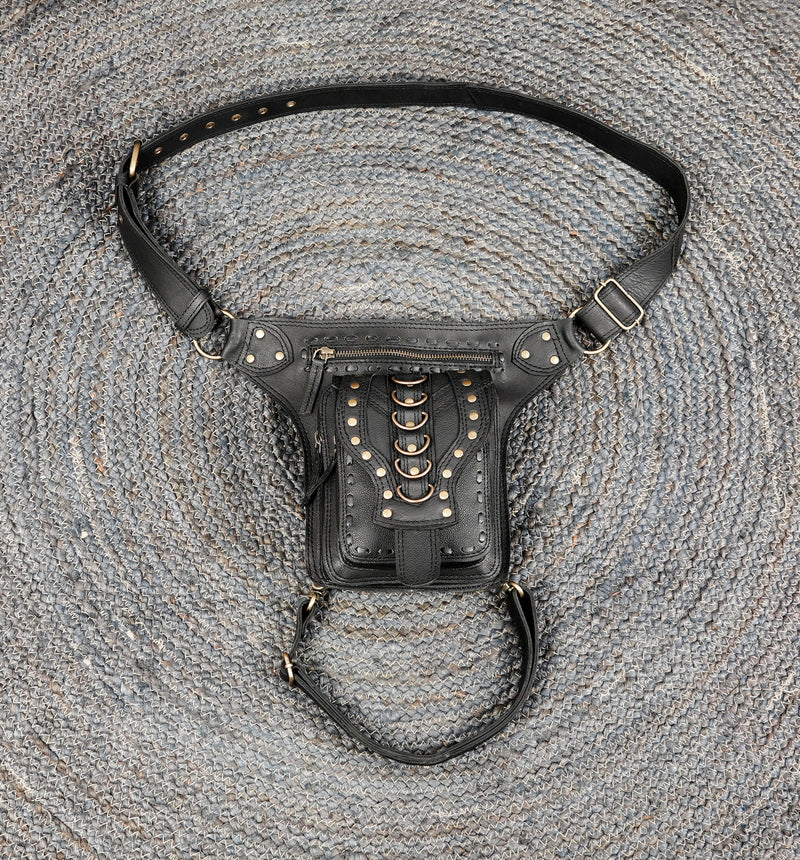 Black leather waist thigh belt with zippered utility pouch
