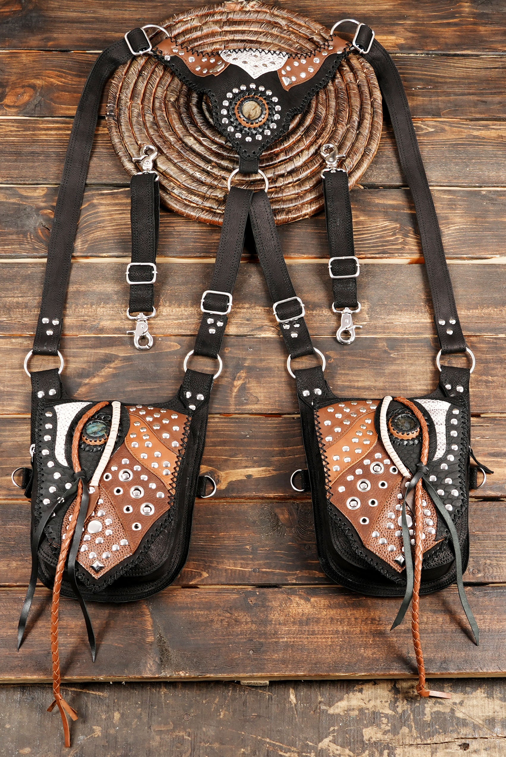 Handcrafted White Leather Dual Shoulder Holster with Stud Details || Unisex White Leather Harness Holster with Twin Pouches (LT/NS/HLS/6015)