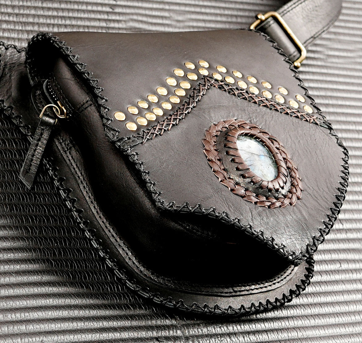 Labradorite festival pouch with an adjustable leather belt