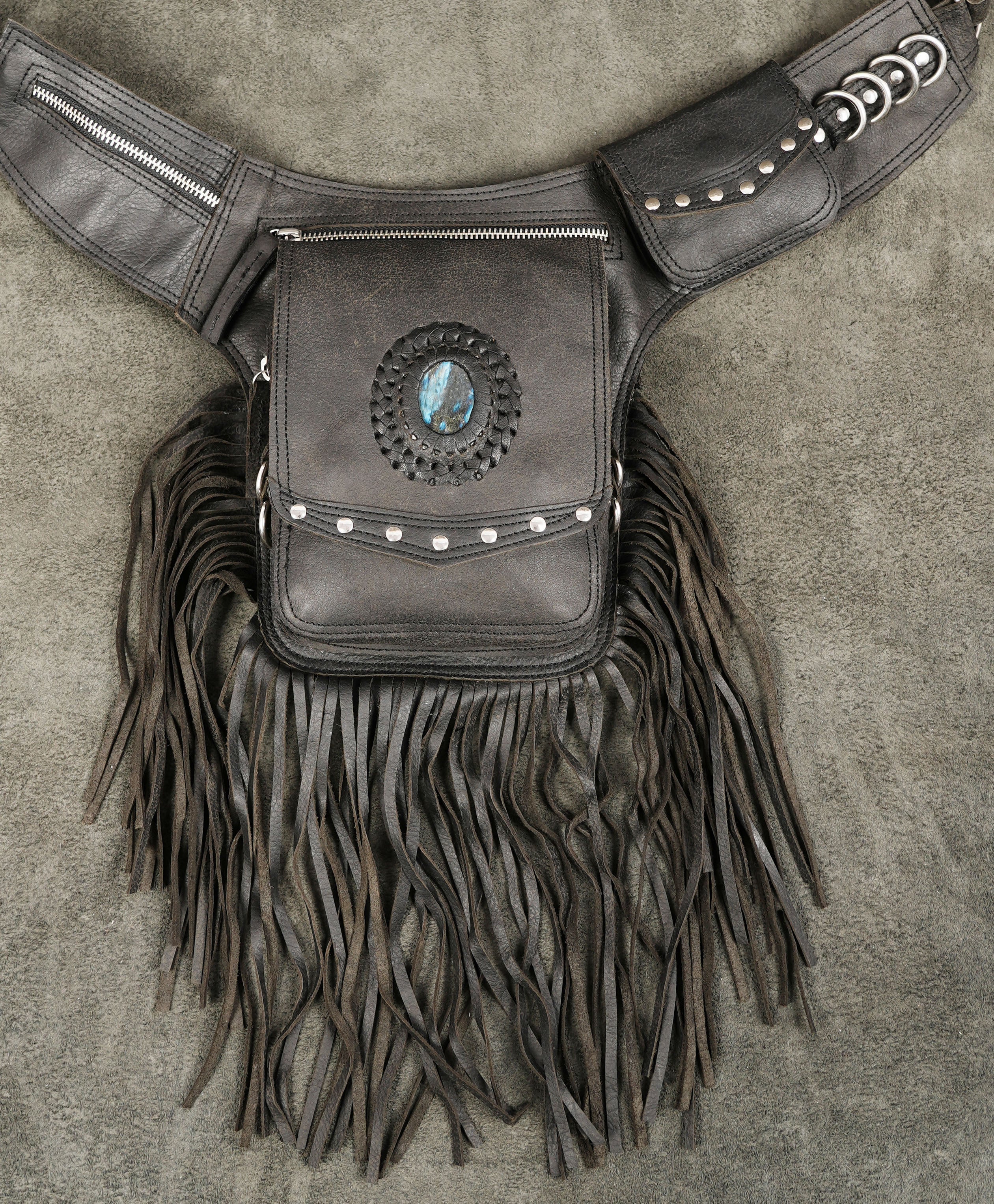 Labradorite gemstone waist bag with antique brass hardware