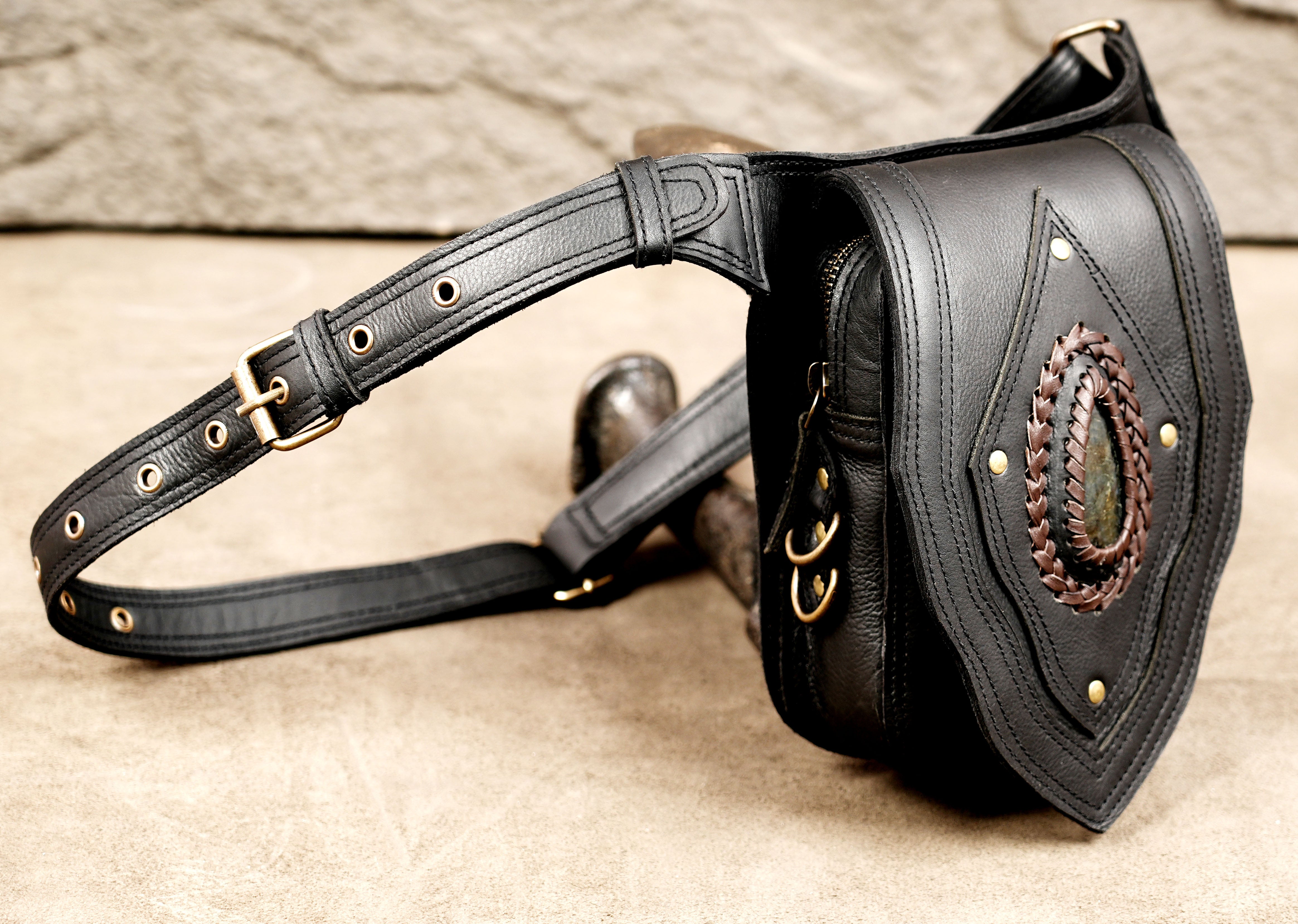 Labradorite leather belt pouch for festivals and travel