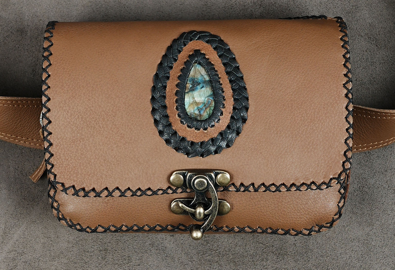 Labradorite leather hip pouch with antique brass clasp
