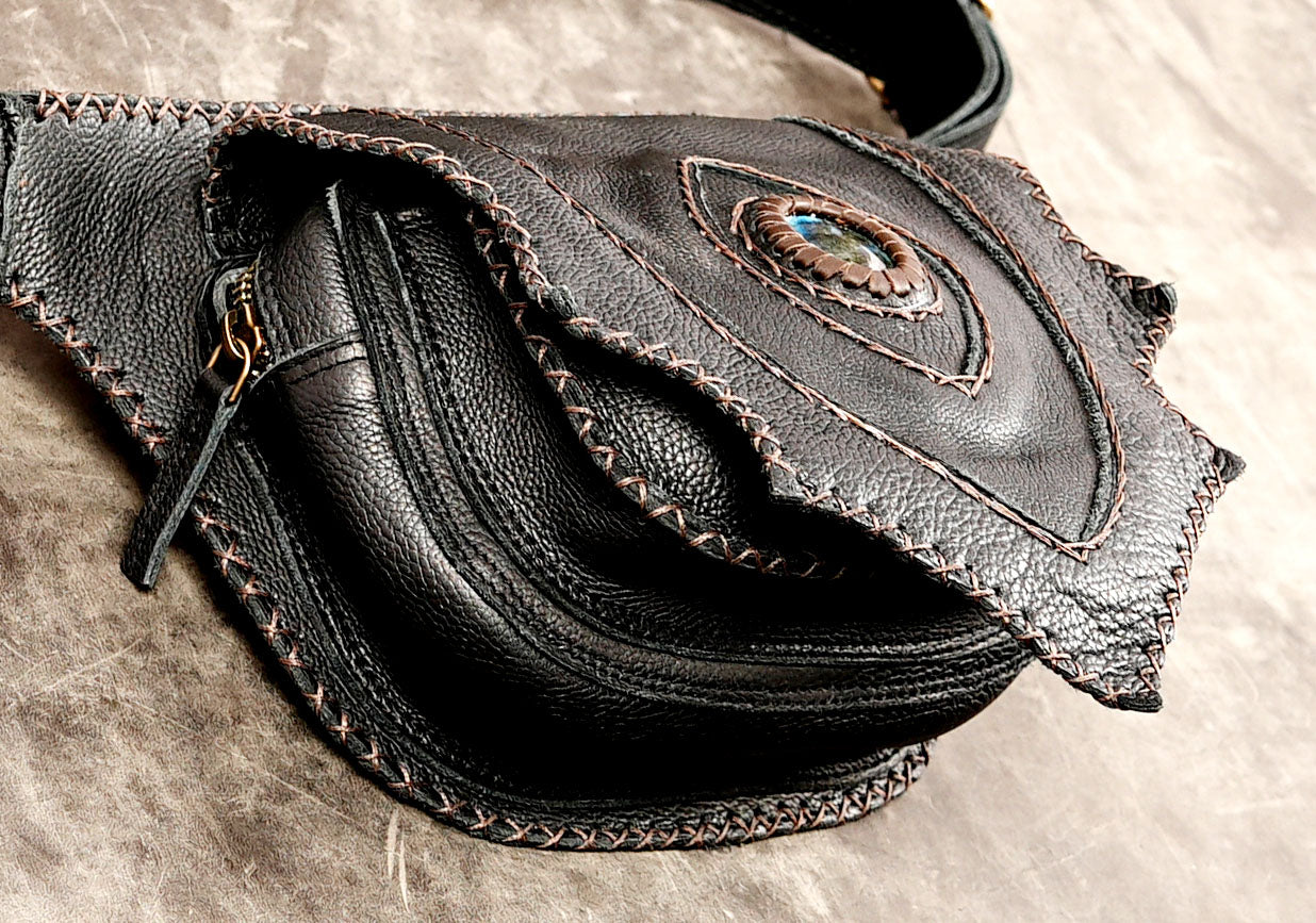 Labradorite stone leather belt pouch for festivals