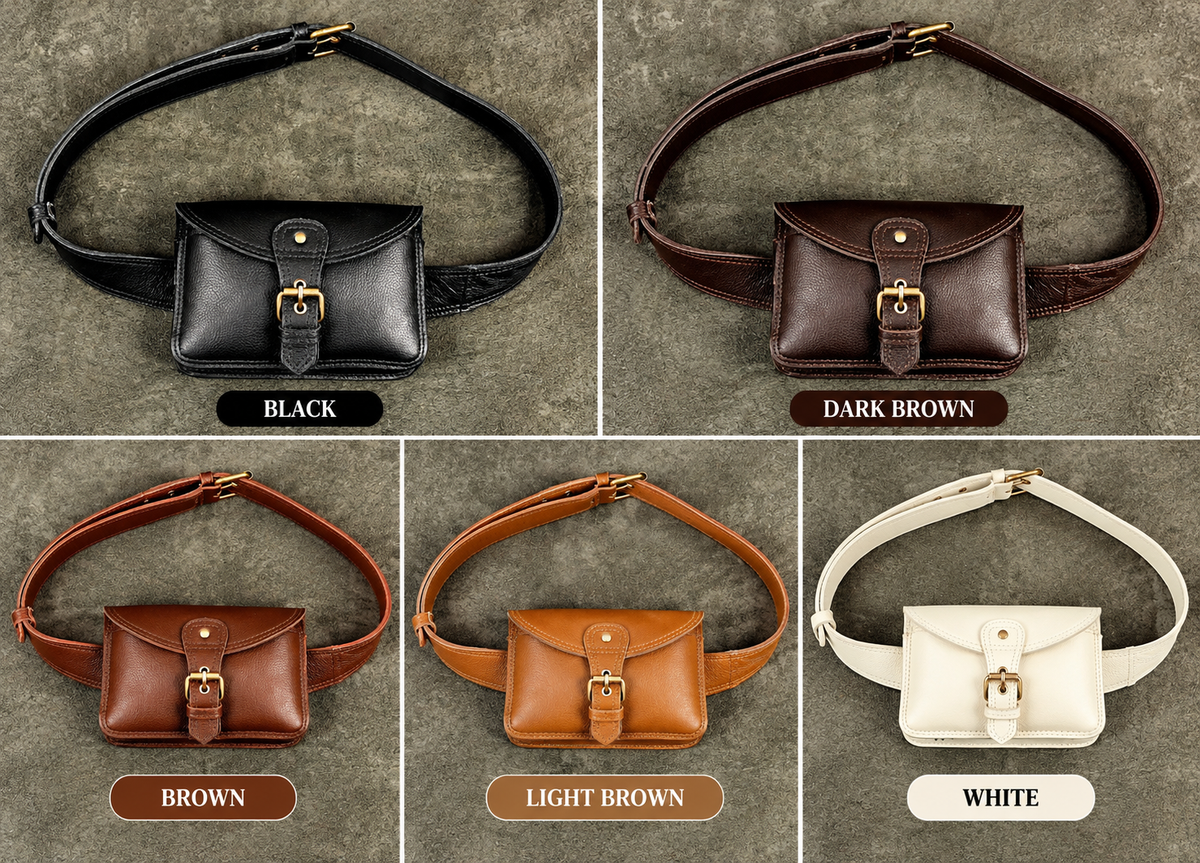 Stylish black leather festival waist bag with adjustable leather strap