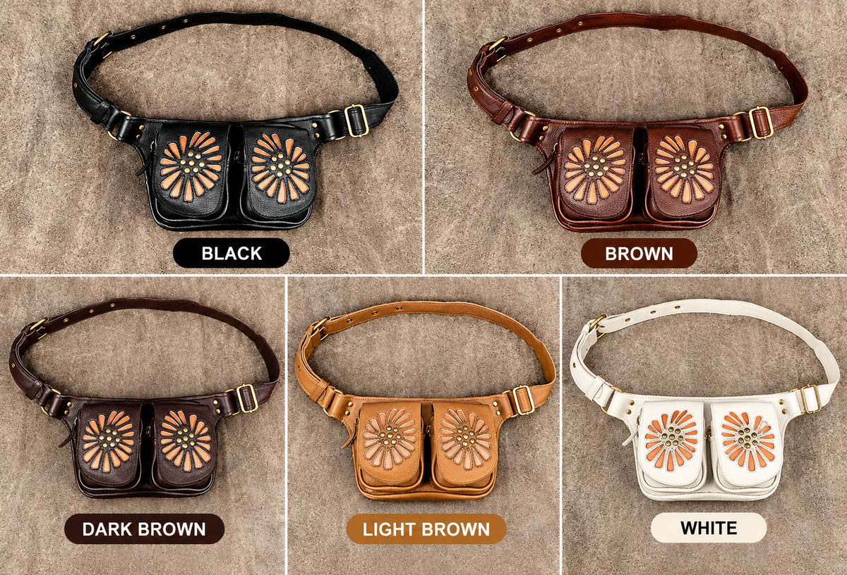A 2x3 grid showing four color variations of a leather fanny pack/waist bag with dual front pouches and sunburst floral stitching. The labels below each bag read BLACK, BROWN, DARK BROWN, and LIGHT BROWN, with the bottom-right variant labeled WHITE.