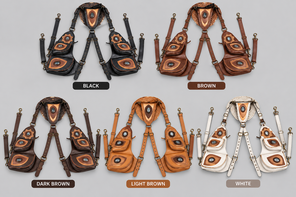 Unisex tribal leather harness with detailed brown leather pocket panels