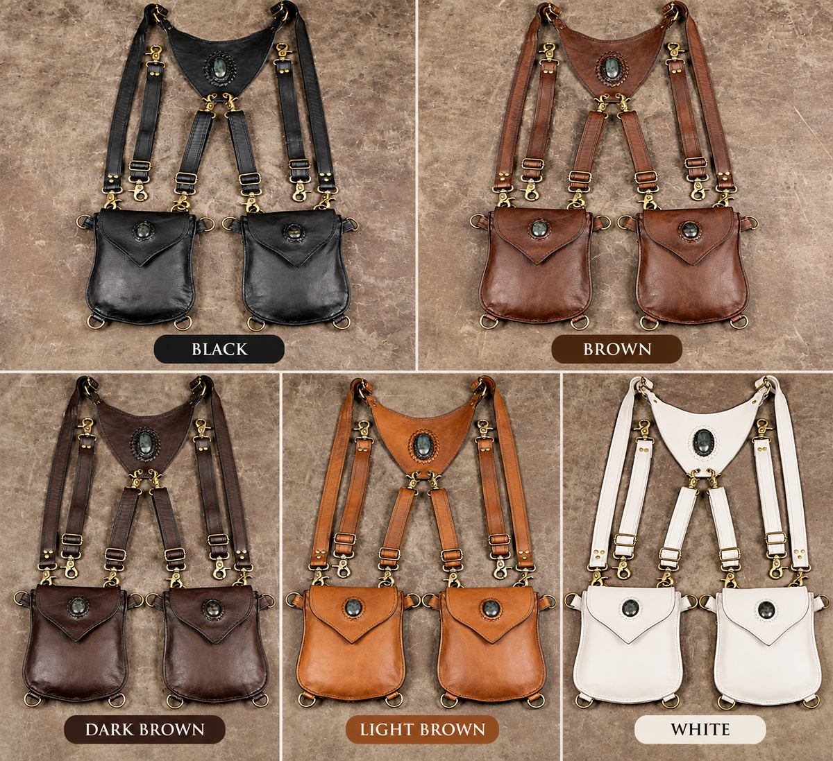 Black leather double strap harness with two multi-purpose pouches
