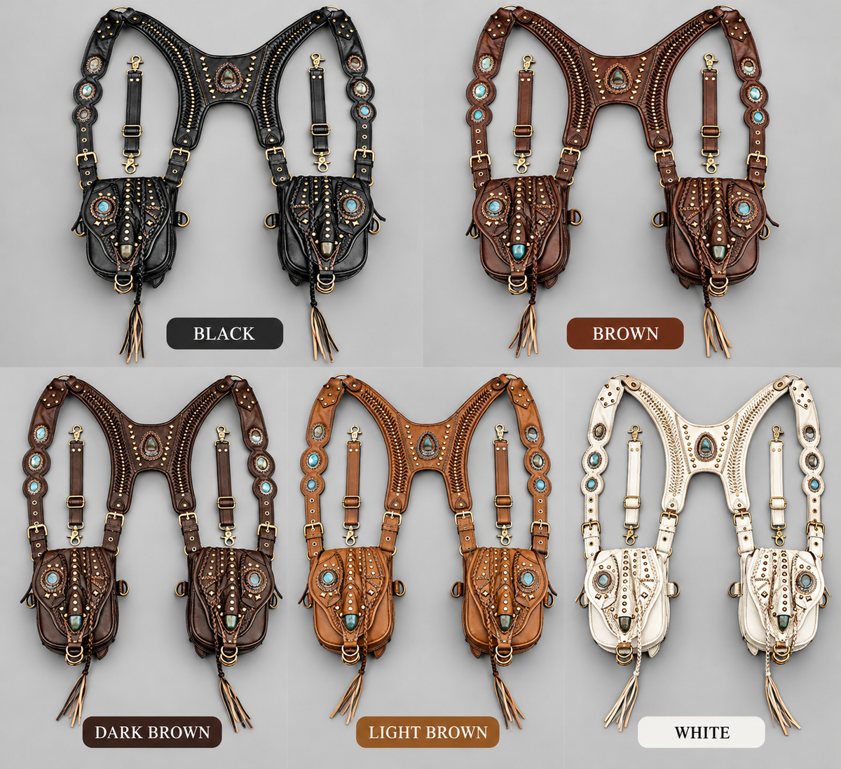 Steampunk inspired black leather harness with matching hip bags and ornamental stone