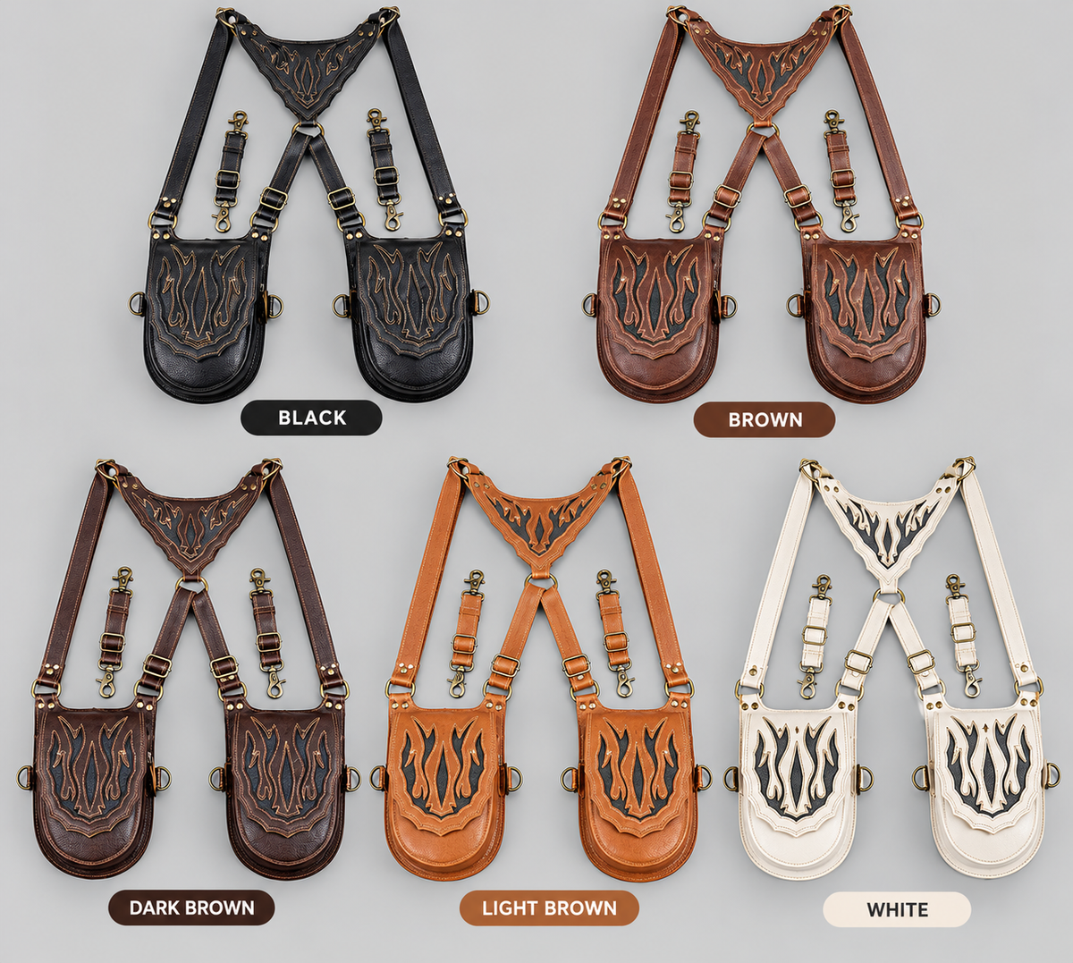 Handmade brown harness bag with matching pouches and metal fastening clips