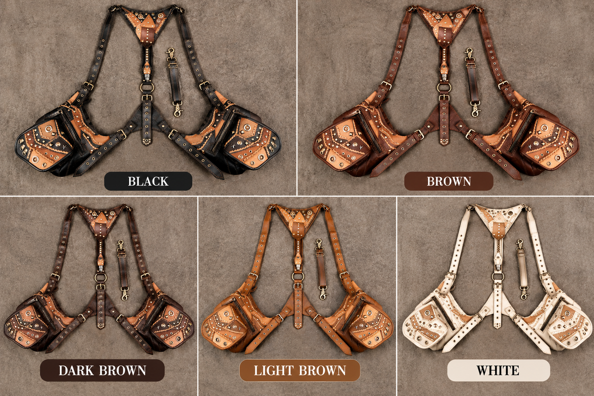 Adjustable leather suspender harness with hip bags and buckle straps
